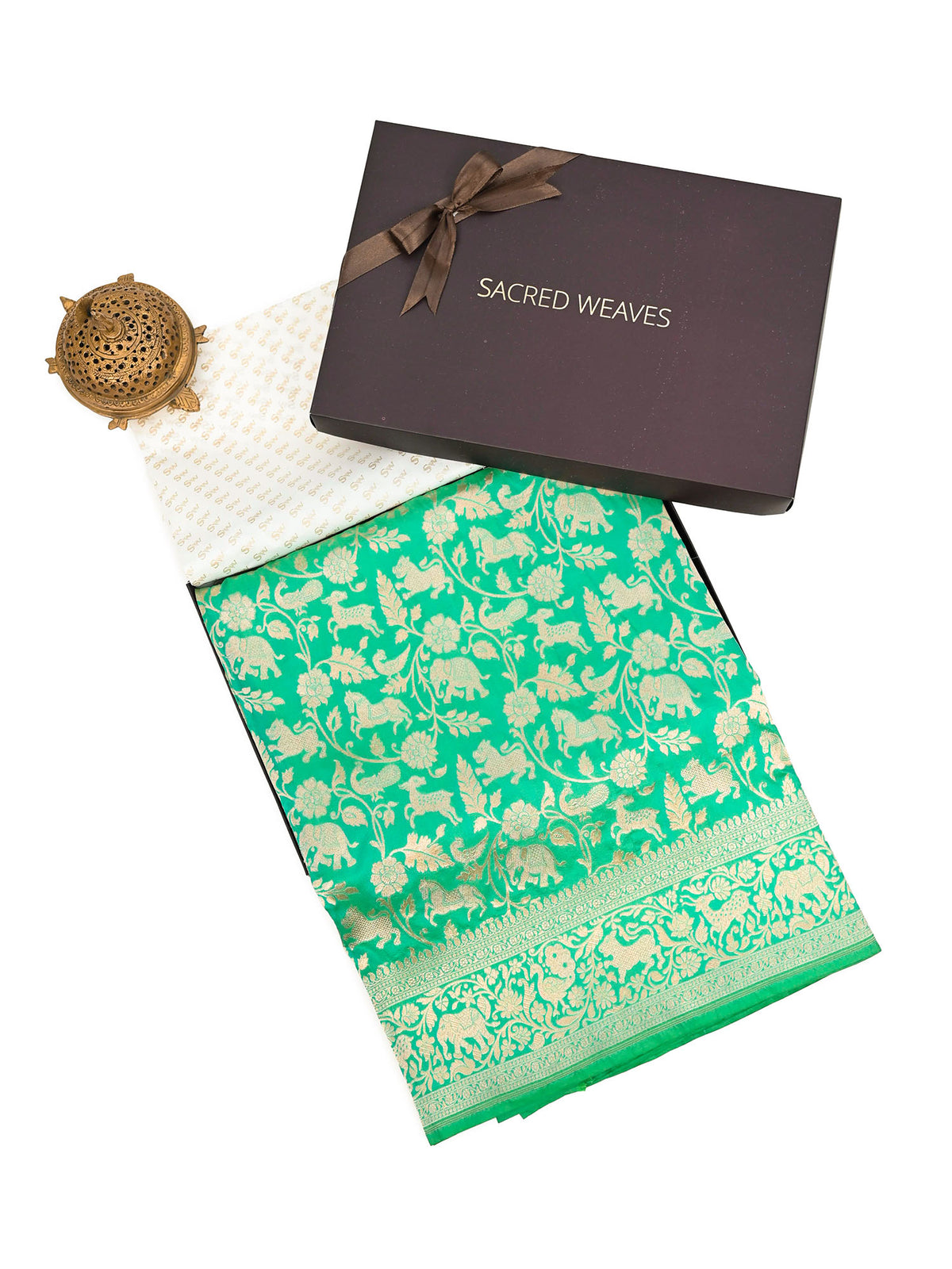 Sea Green Shikargah Katan Silk Handloom Banarasi Saree - Gift Box