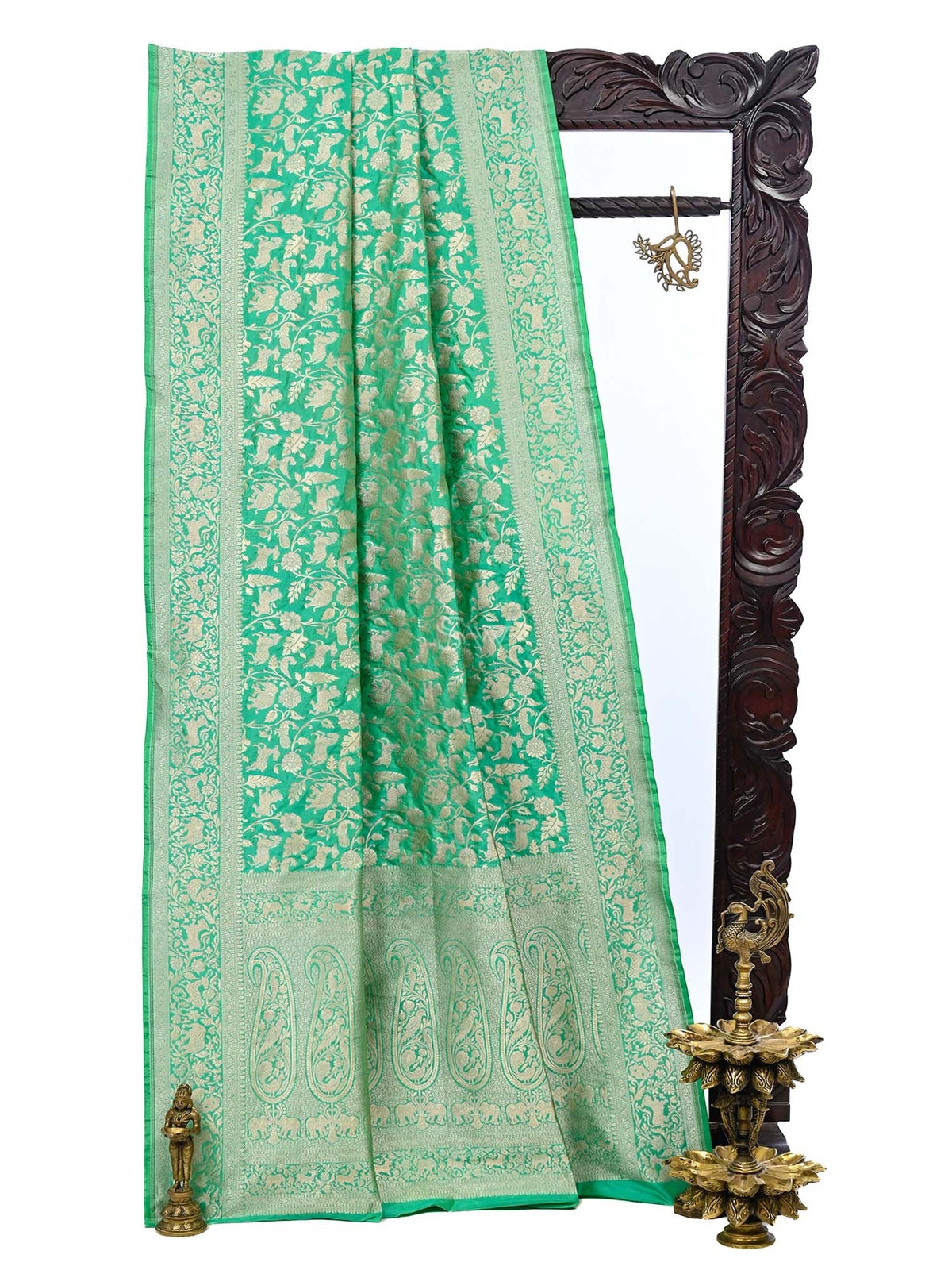 Sea Green Shikargah Katan Silk Handloom Banarasi Saree