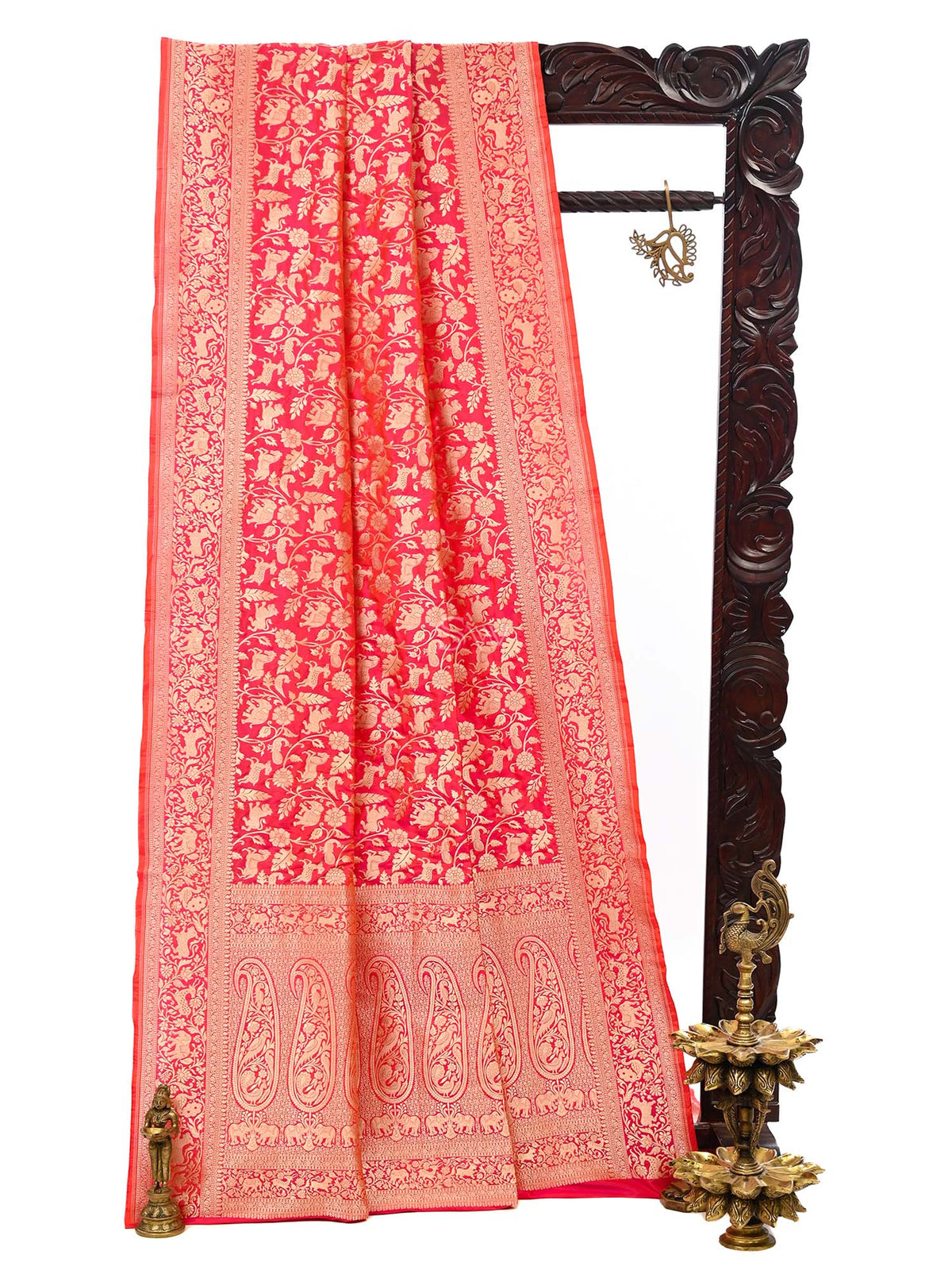 Pink Orange Shikargah Katan Silk Handloom Banarasi Saree