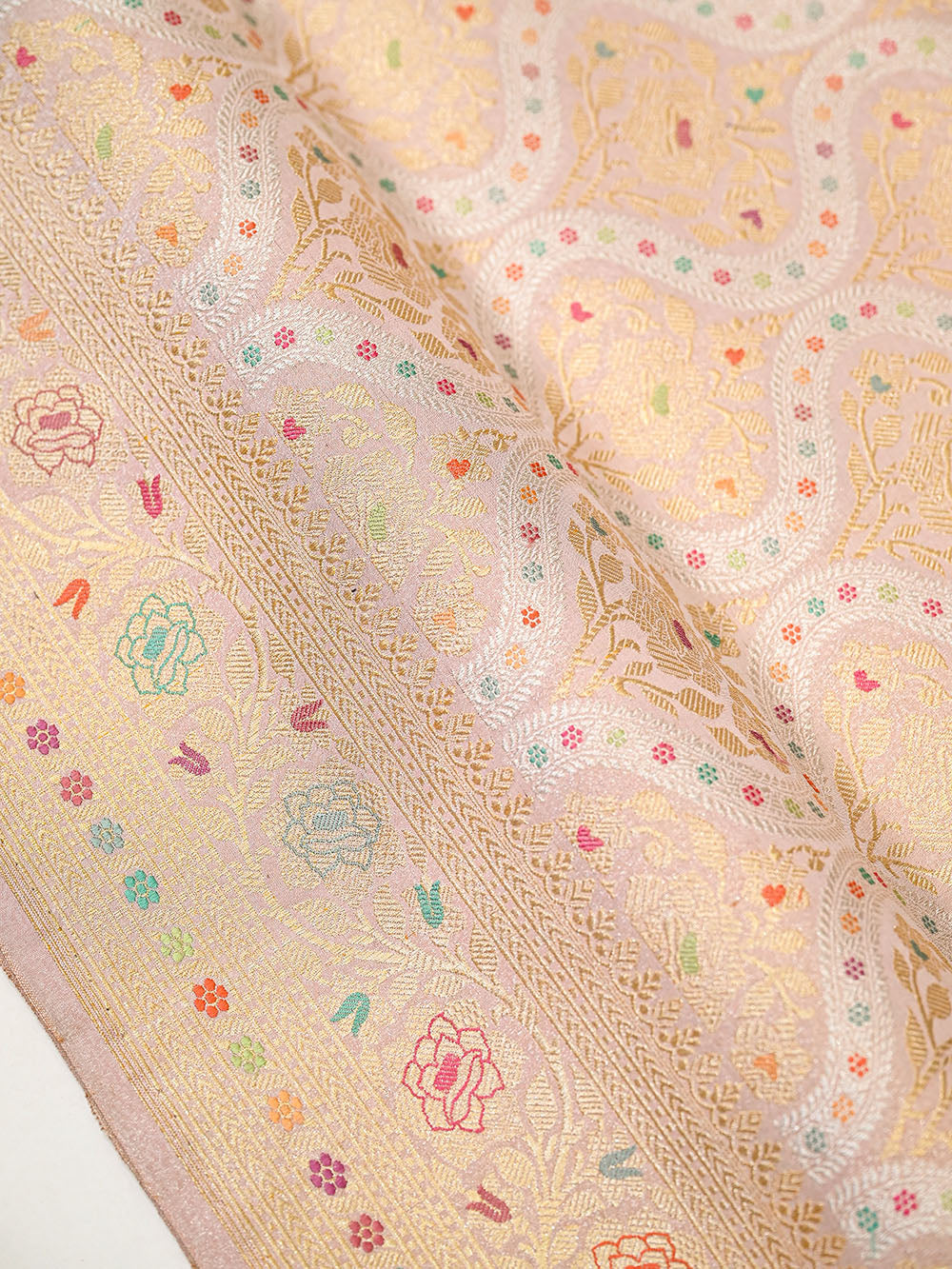 Pastel Pink Sona Roopa Meenakari Silk Tissue Real Zari Handloom Banarasi Saree - Sacred Weaves