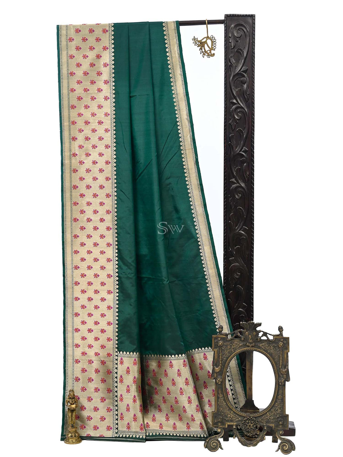 Teal Green Plain Katan Silk Handloom Banarasi Saree