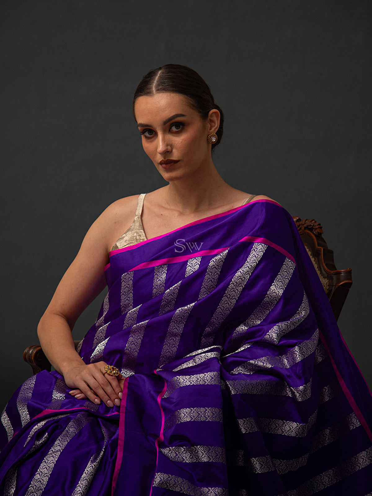 Purple Stripe Satin Silk Handloom Banarasi Saree - Sacred Weaves