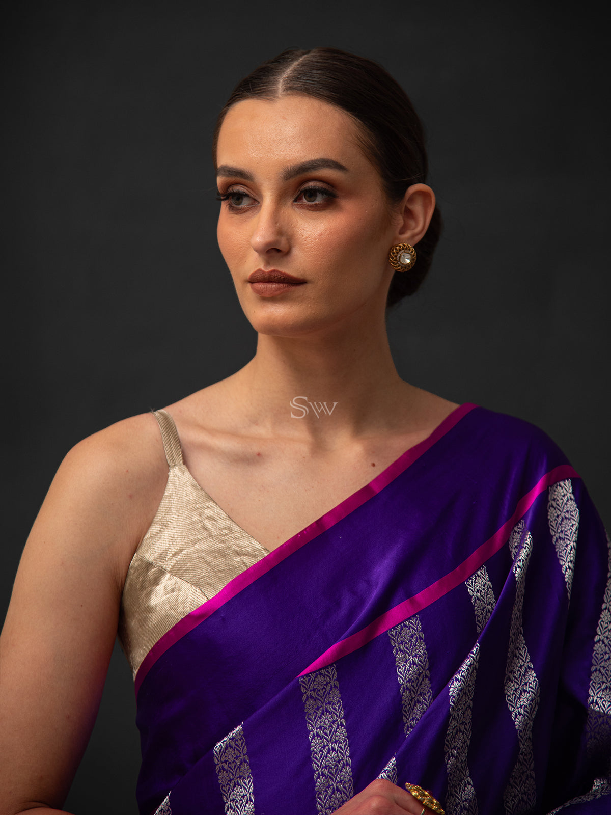 Purple Stripe Satin Silk Handloom Banarasi Saree - Sacred Weaves