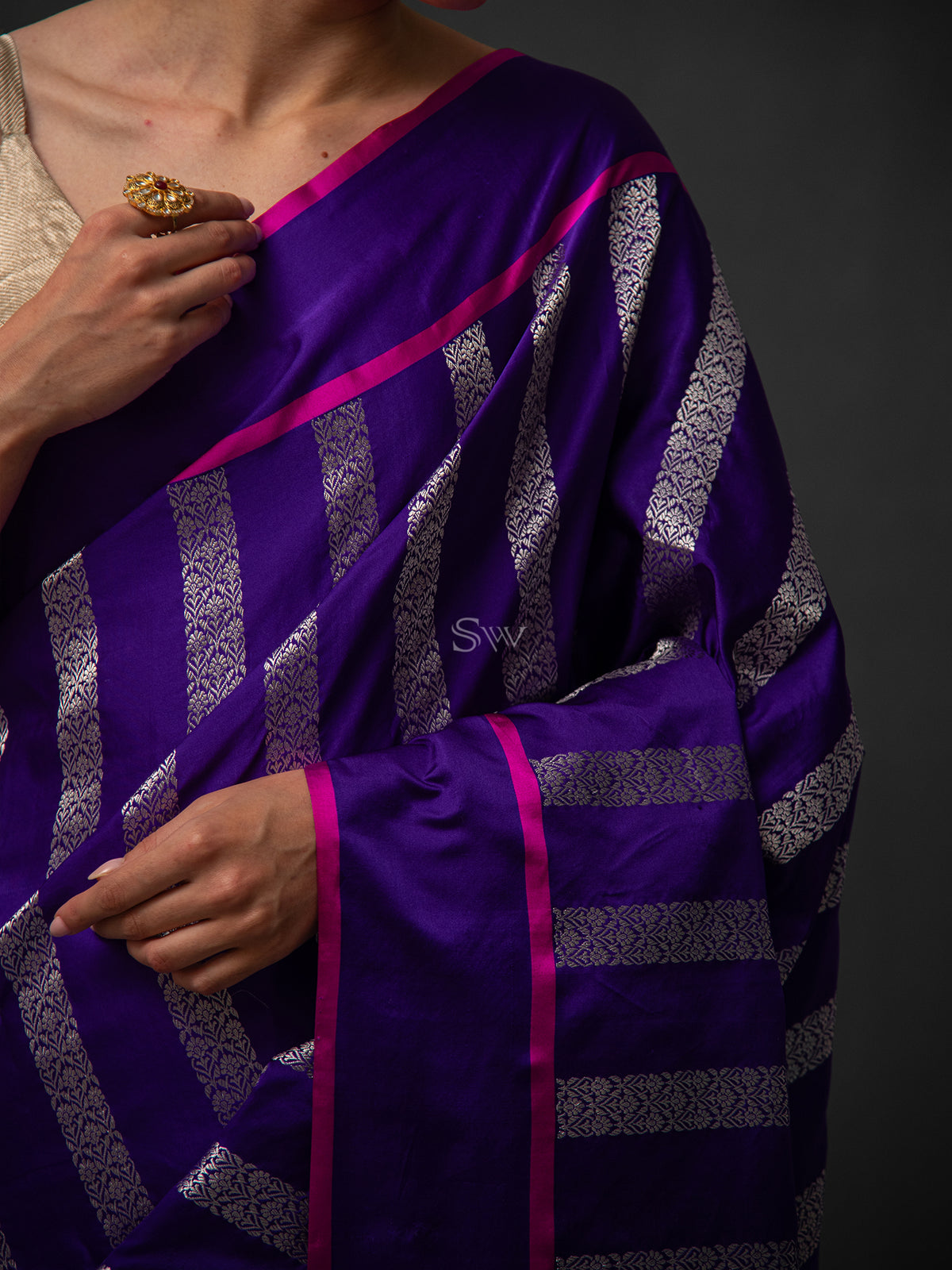 Purple Stripe Satin Silk Handloom Banarasi Saree - Sacred Weaves