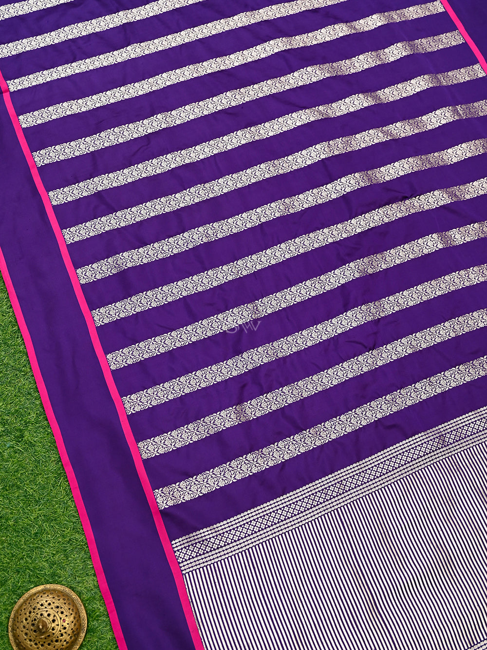 Purple Stripe Satin Silk Handloom Banarasi Saree - Sacred Weaves
