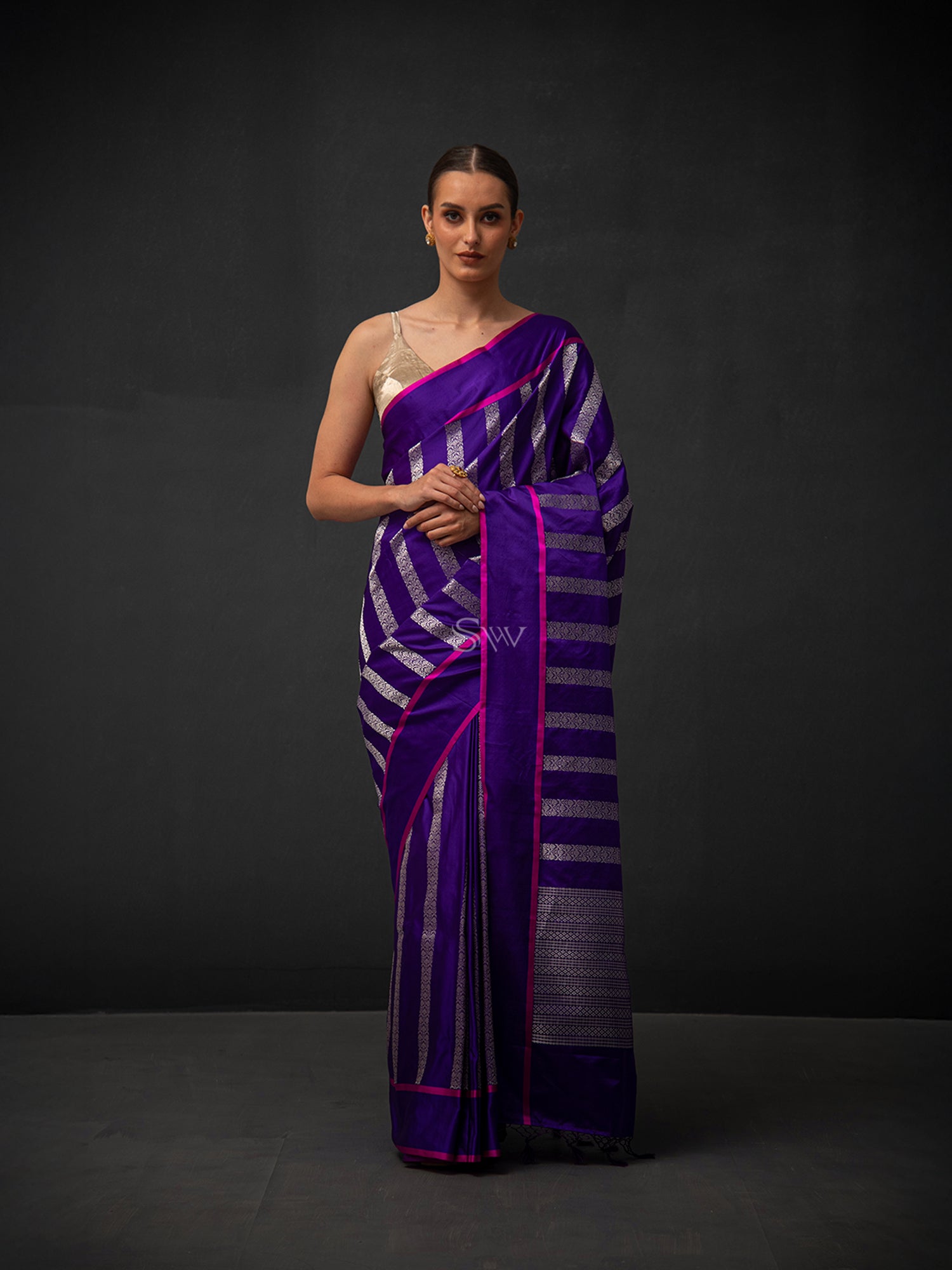 Purple Stripe Satin Silk Handloom Banarasi Saree - Sacred Weaves