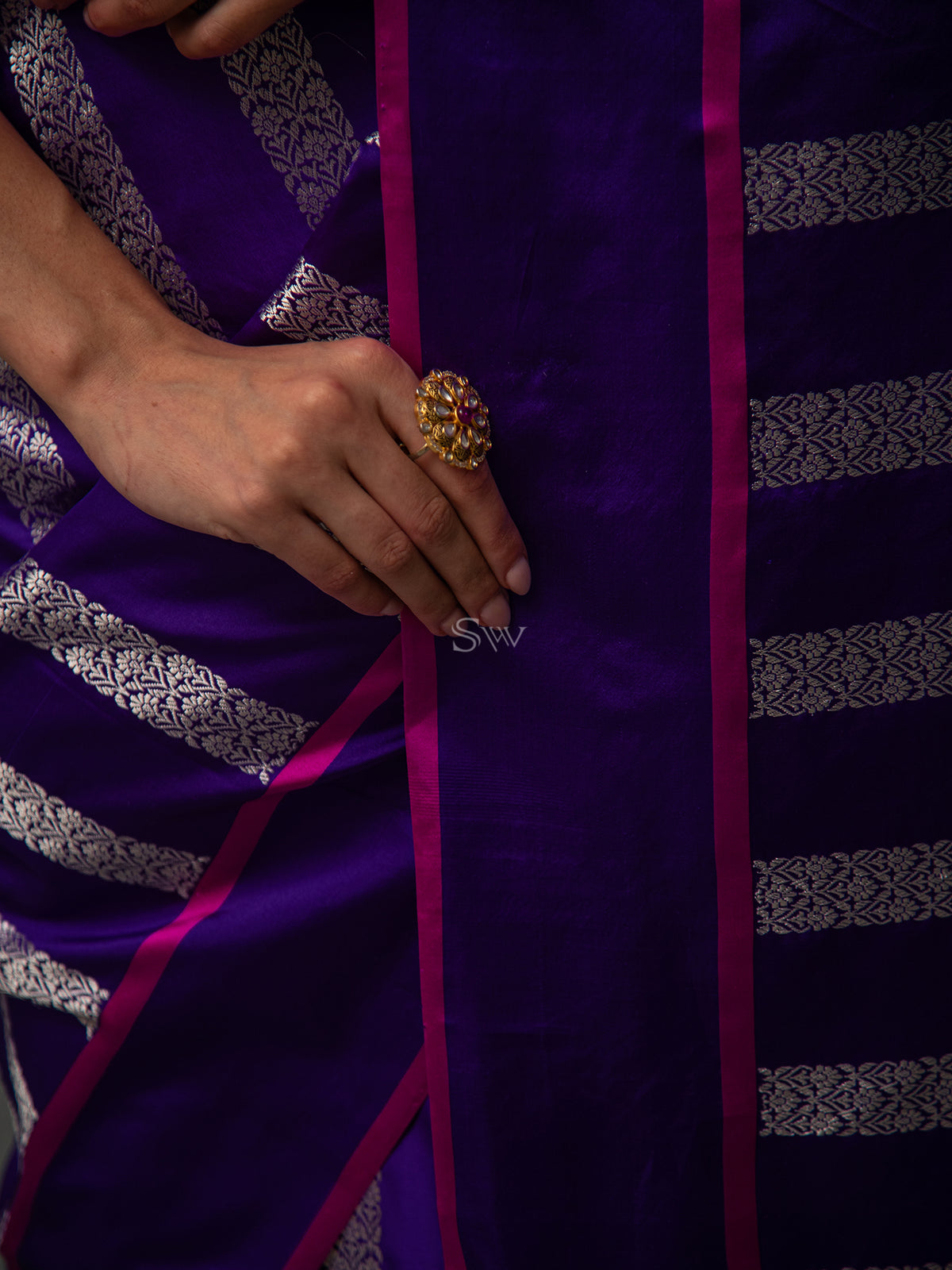Purple Stripe Satin Silk Handloom Banarasi Saree