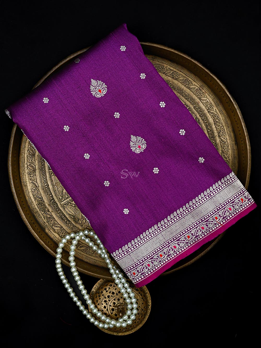 Purple Booti Tussar Silk Handloom Banarasi Saree - Sacred Weaves
