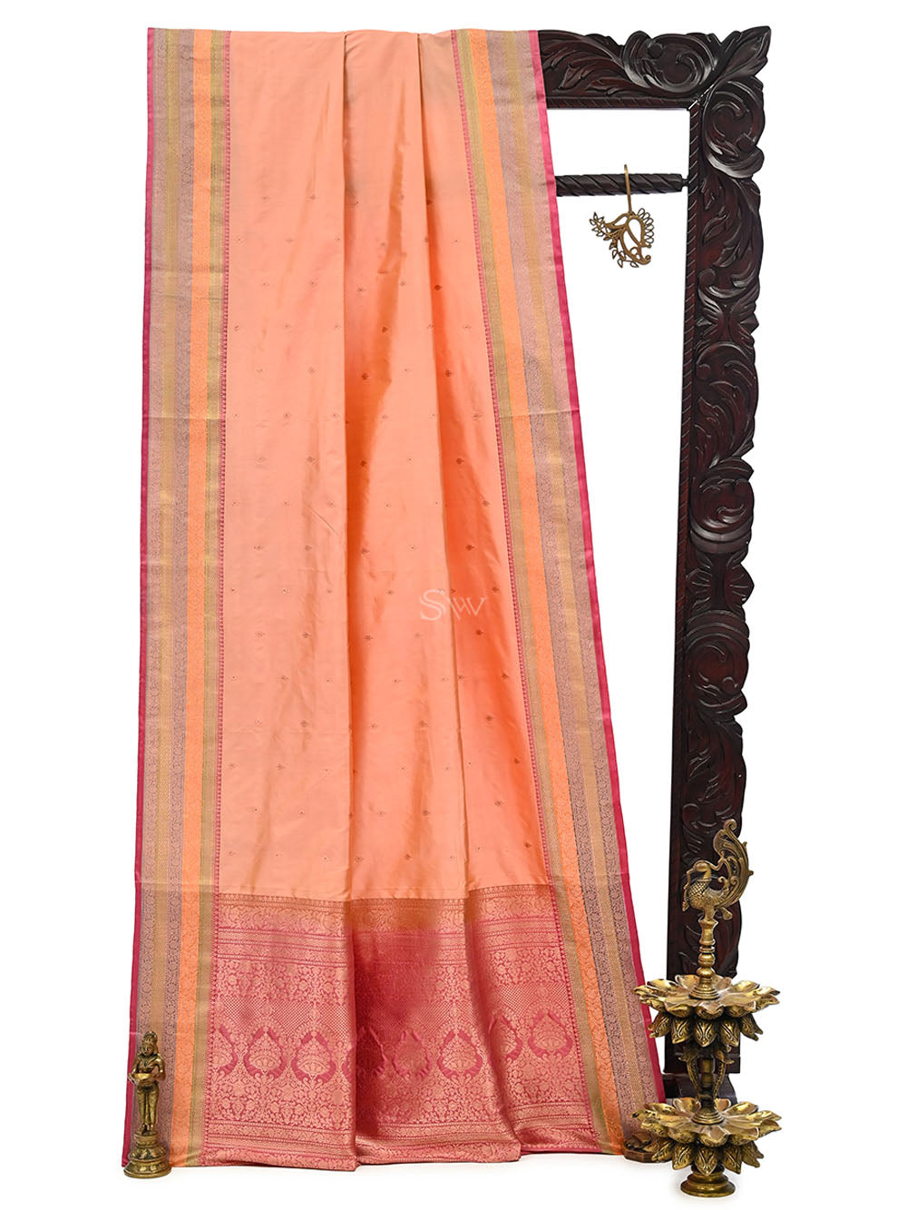 Peach Meenakari Katan Silk Handloom Banarasi Saree - Sacred Weaves
