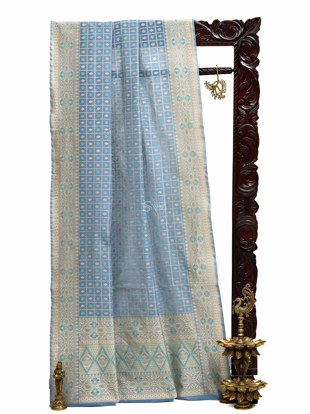 Sky Blue Booti Cotton Silk Handloom Banarasi Saree - Sacred Weaves