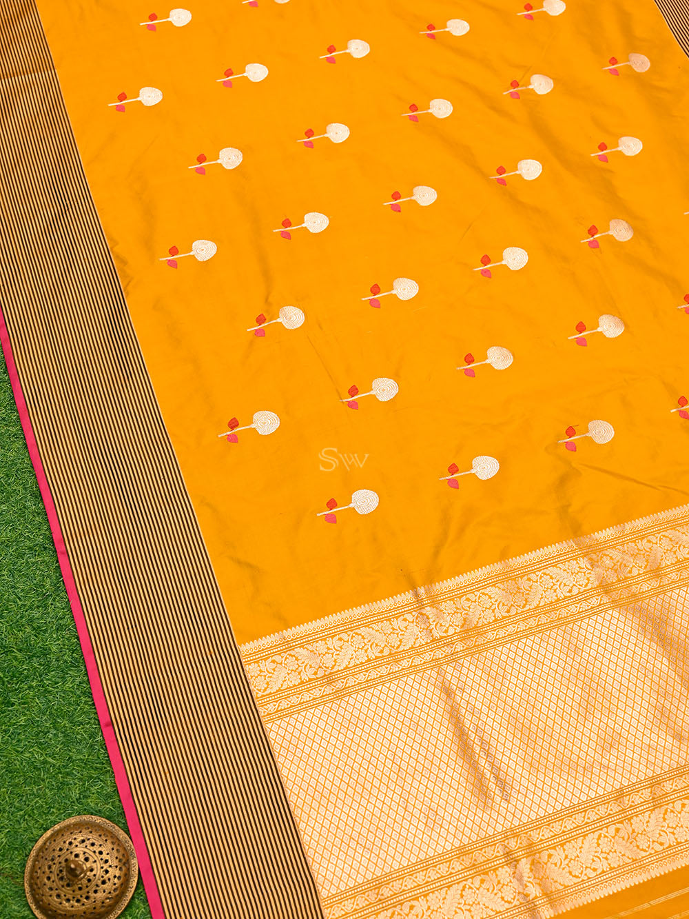 Mustard Meenakari Katan Silk Handloom Banarasi Saree - Sacred Weaves