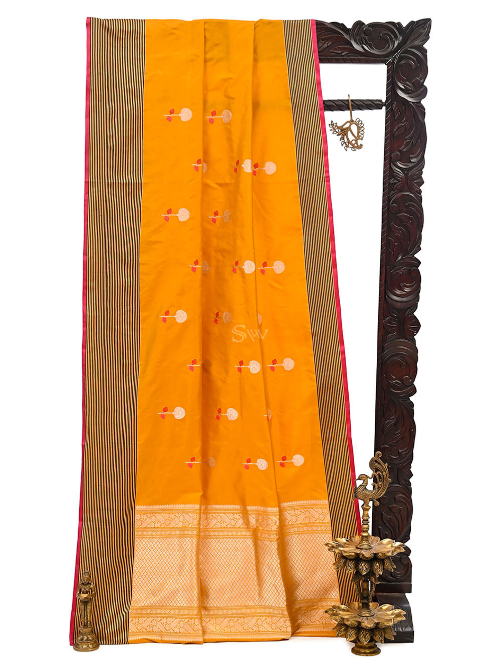 Mustard Meenakari Katan Silk Handloom Banarasi Saree - Sacred Weaves
