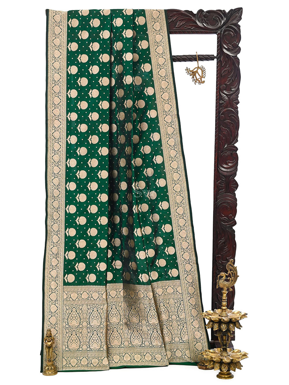 Bottle Green Booti Katan Silk Uppada Handloom Banarasi Saree - Sacred Weaves