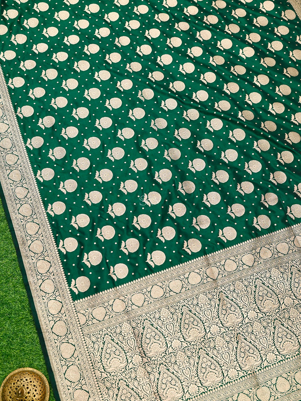 Bottle Green Booti Katan Silk Uppada Handloom Banarasi Saree - Sacred Weaves