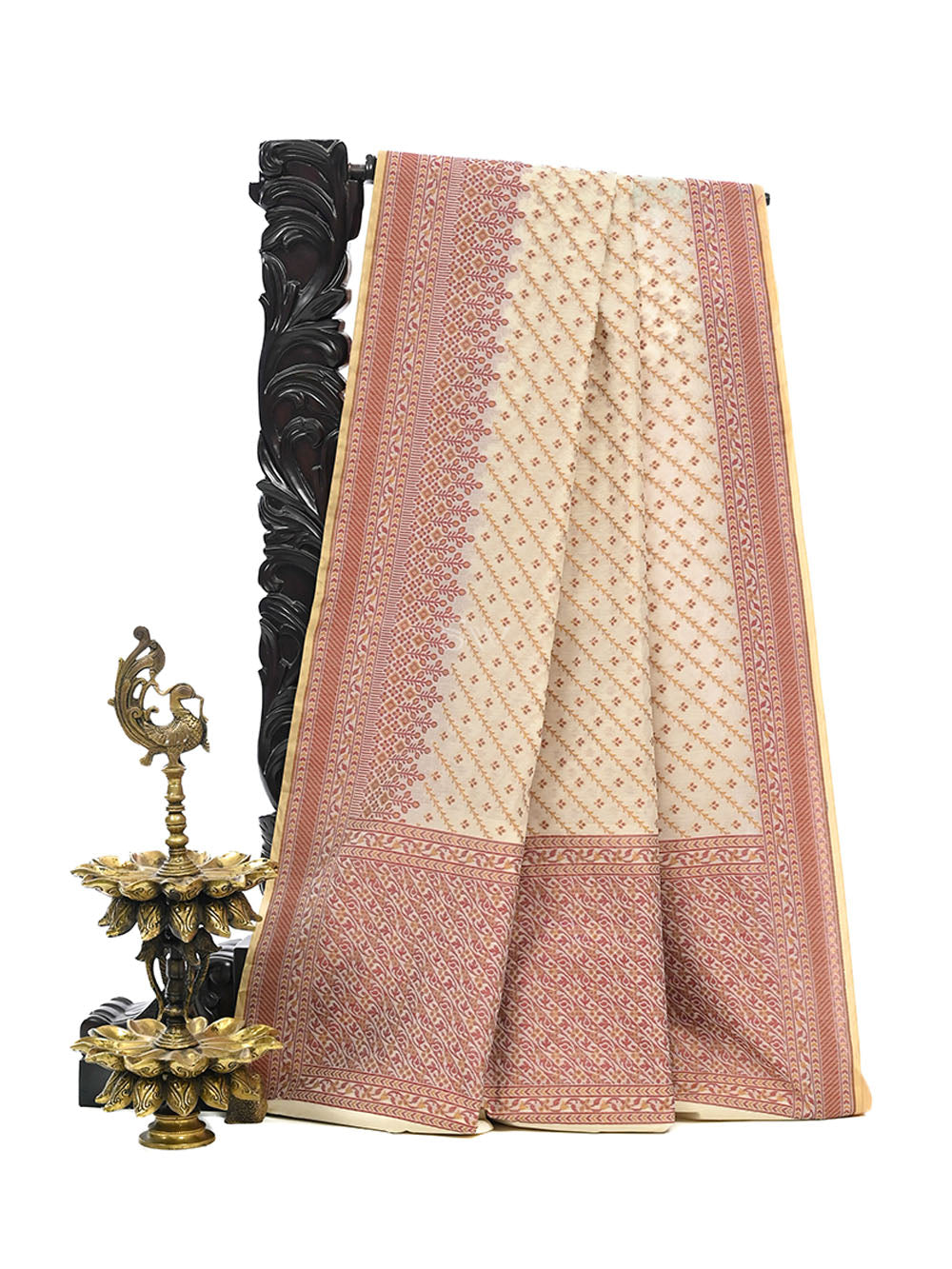 Cream Meenakari Jaal Cotton Silk Handloom Banarasi Saree - Sacred Weaves