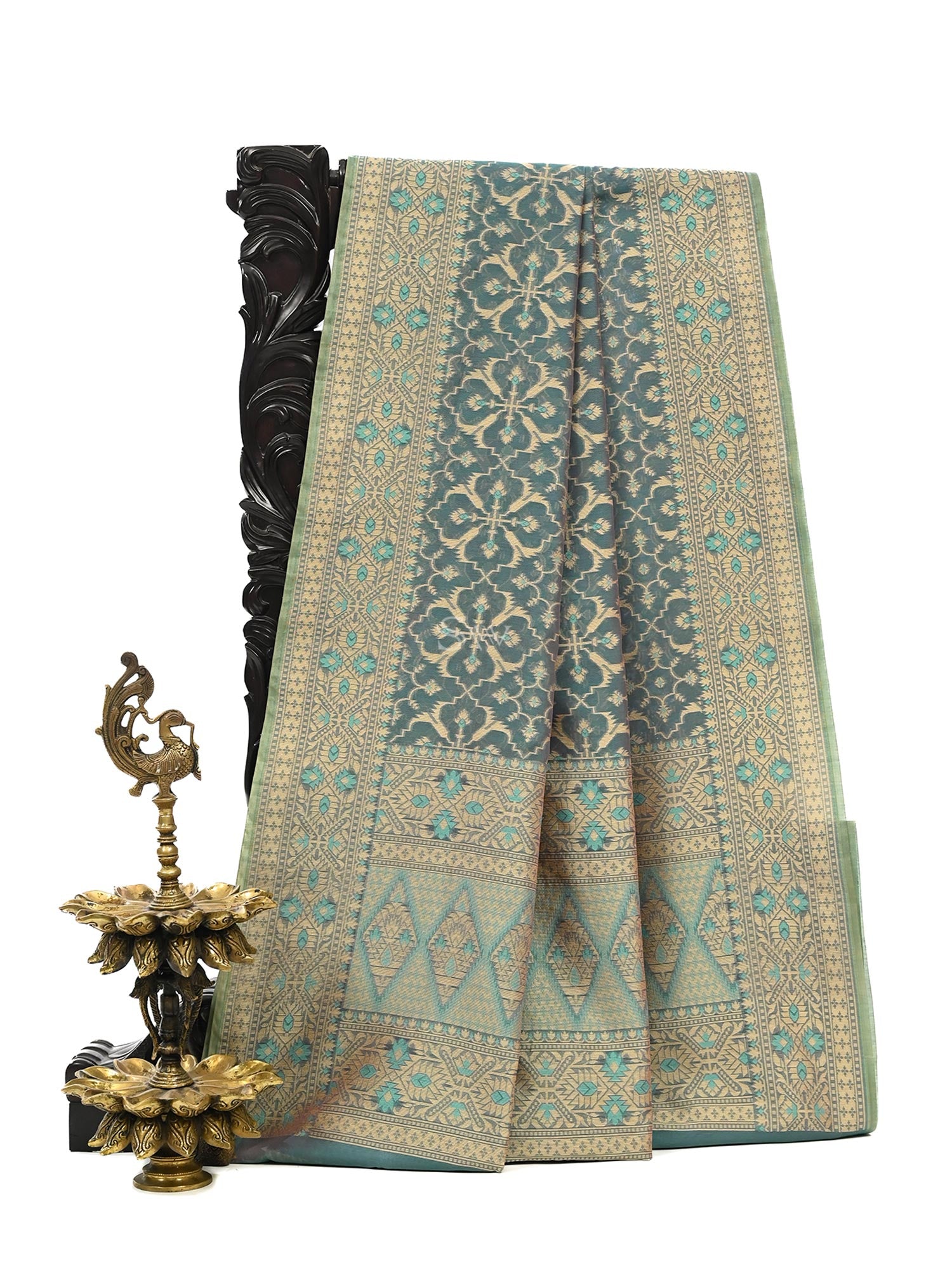 Teal Blue Meenakari Jaal Cotton Silk Handloom Banarasi Saree - Sacred Weaves