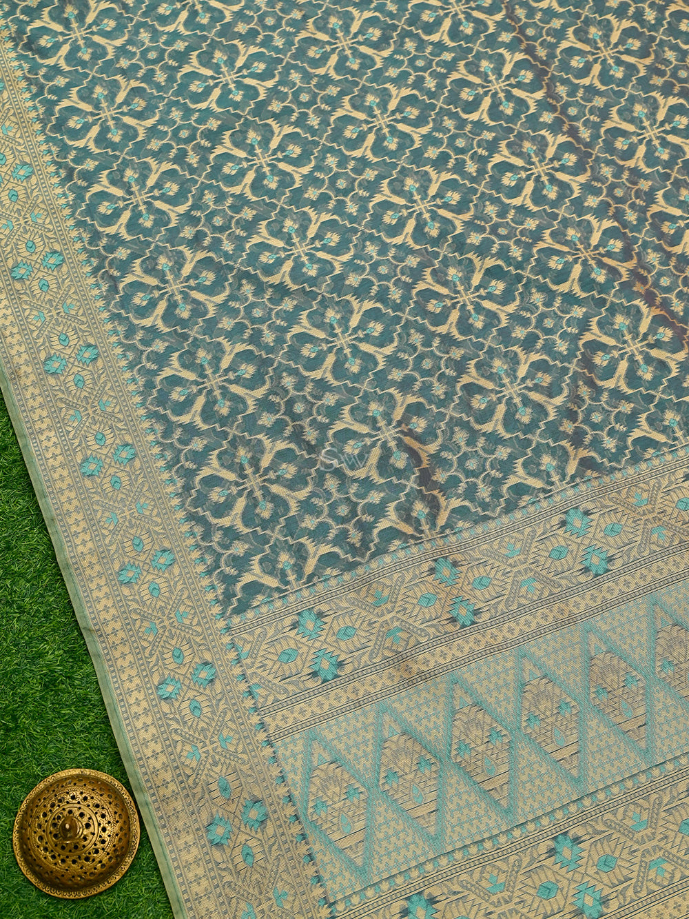 Teal Blue Meenakari Jaal Cotton Silk Handloom Banarasi Saree - Sacred Weaves