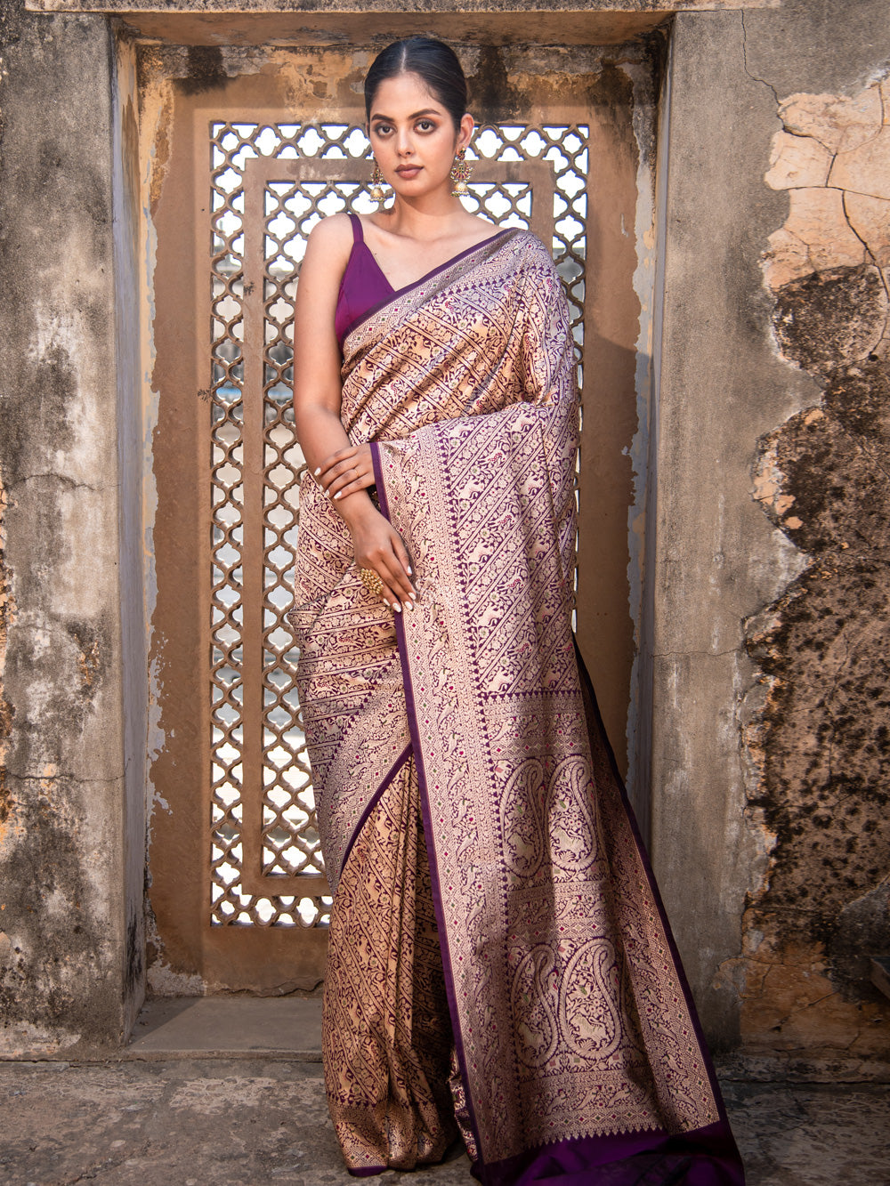 Purple Katan Silk Shikargah Brocade Handloom Banarasi Saree - Sacred Weaves