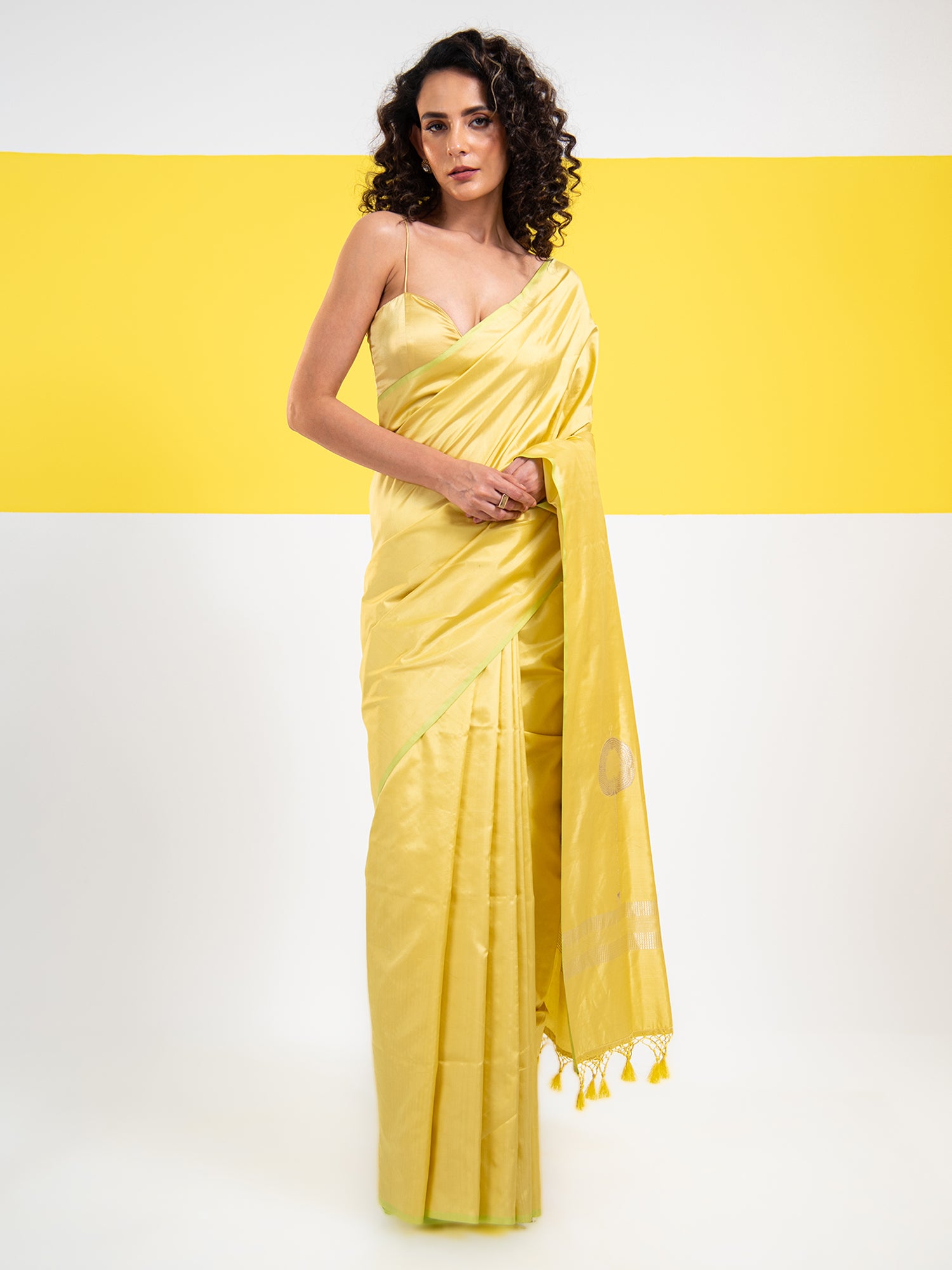 Lime Yellow Plain Satin Silk Handloom Banarasi Saree - Sacred Weaves