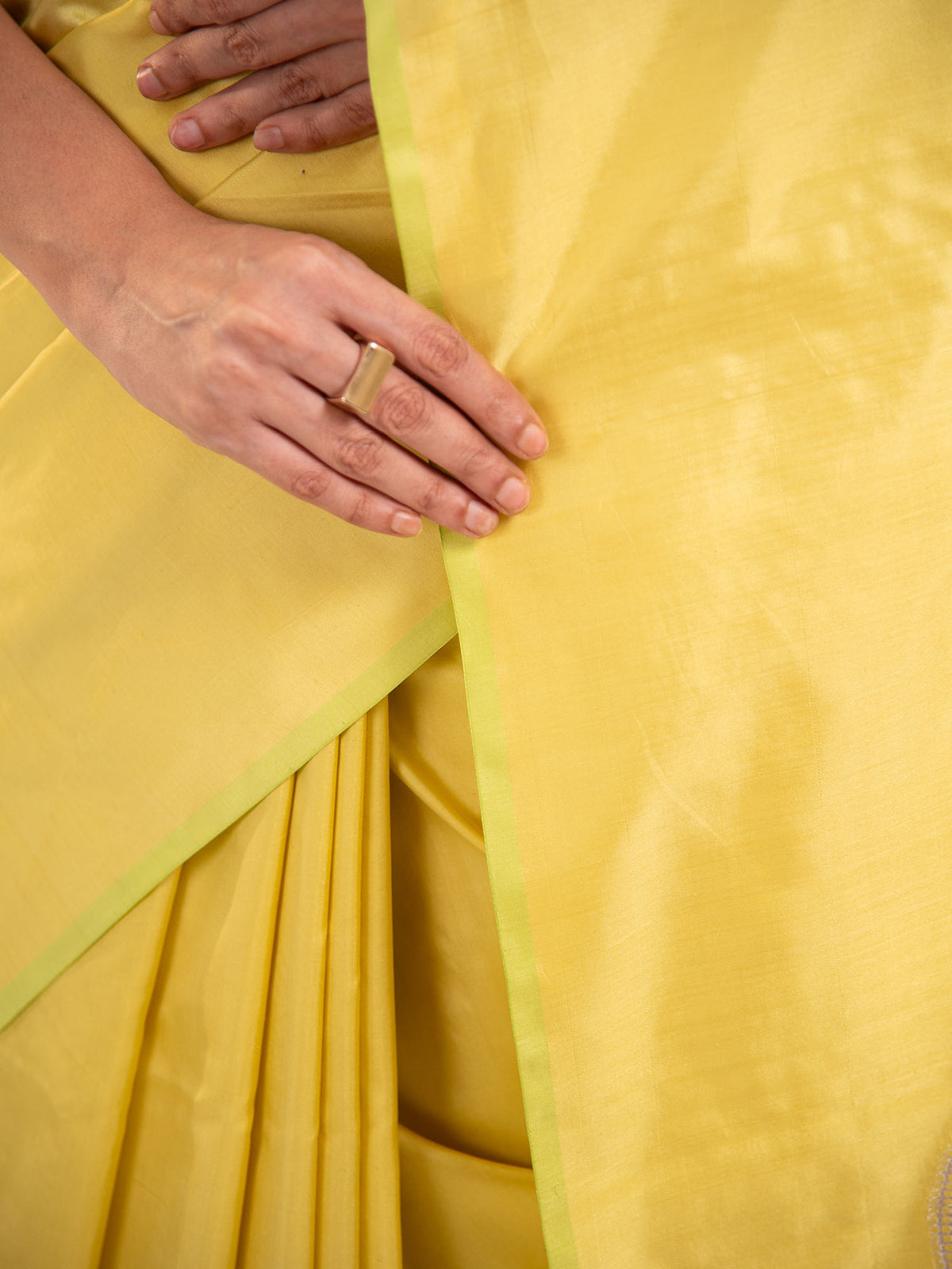 Lime Yellow Plain Satin Silk Handloom Banarasi Saree - Sacred Weaves
