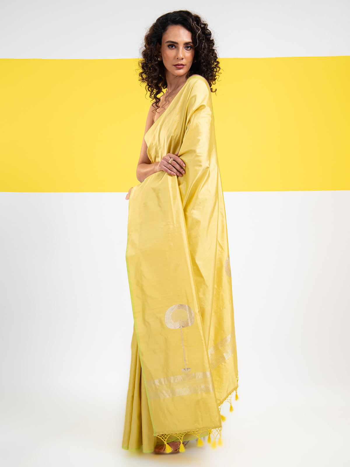 Lime Yellow Plain Satin Silk Handloom Banarasi Saree - Sacred Weaves