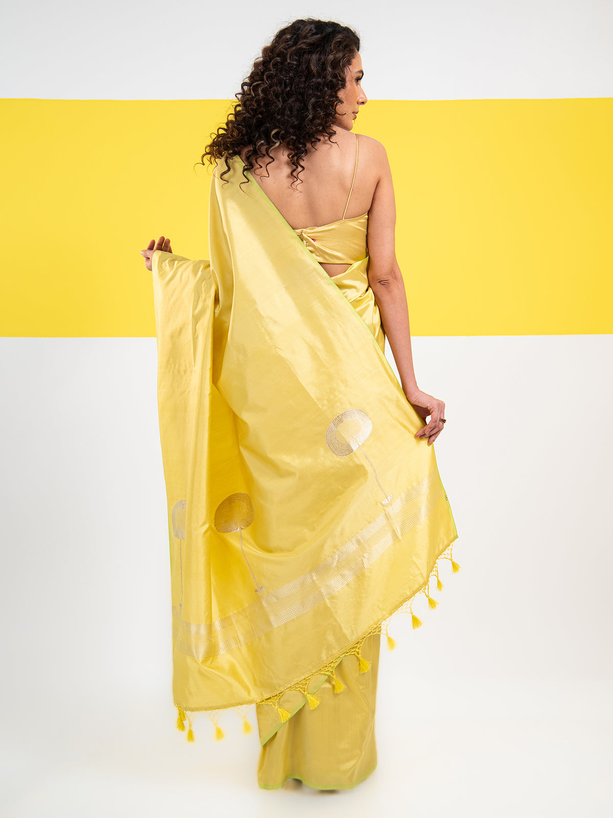Lime Yellow Plain Satin Silk Handloom Banarasi Saree - Sacred Weaves