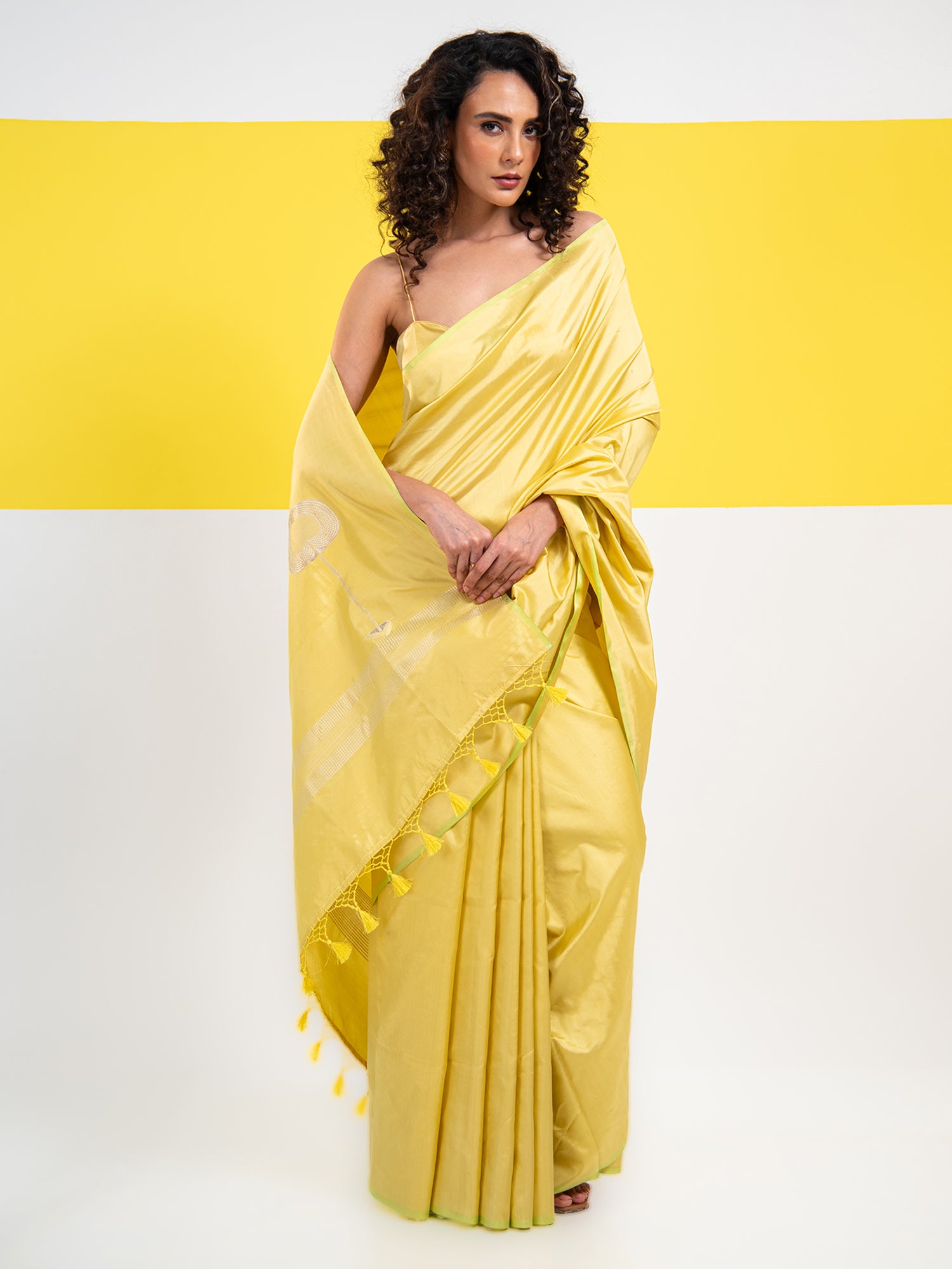 Lime Yellow Plain Satin Silk Handloom Banarasi Saree - Sacred Weaves