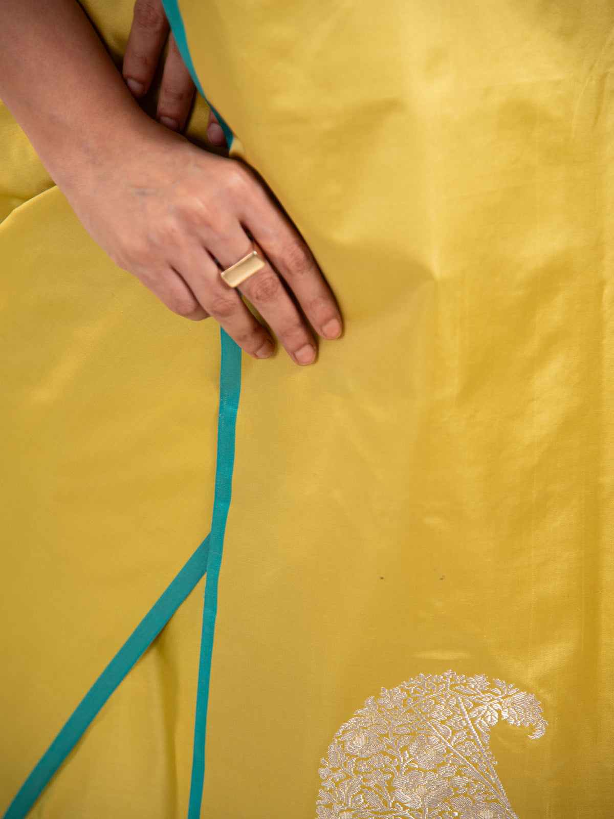 Lime Yellow Plain Satin Silk Handloom Banarasi Saree - Sacred Weaves
