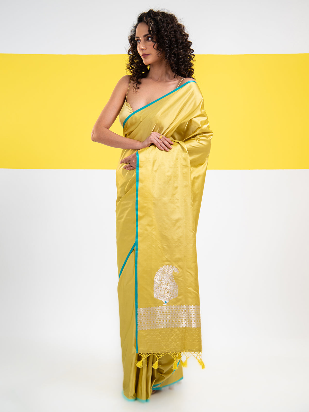Lime Yellow Plain Satin Silk Handloom Banarasi Saree - Sacred Weaves
