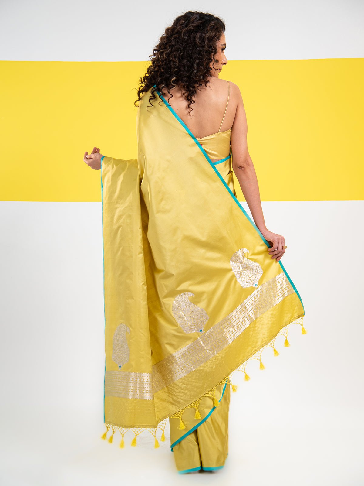 Lime Yellow Plain Satin Silk Handloom Banarasi Saree - Sacred Weaves