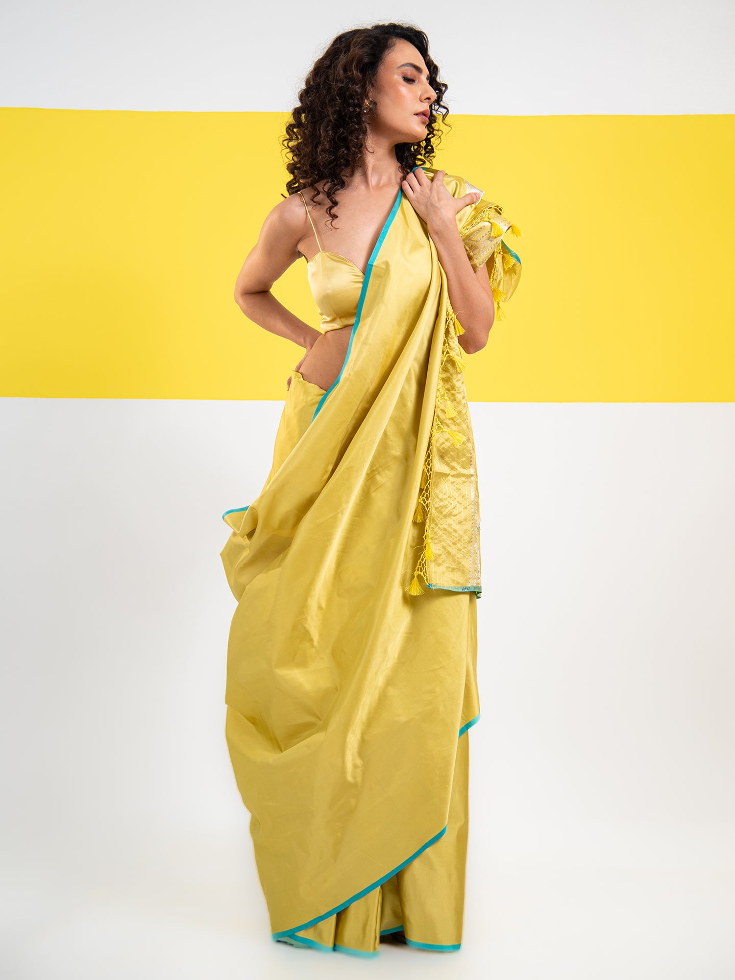 Lime Yellow Plain Satin Silk Handloom Banarasi Saree - Sacred Weaves