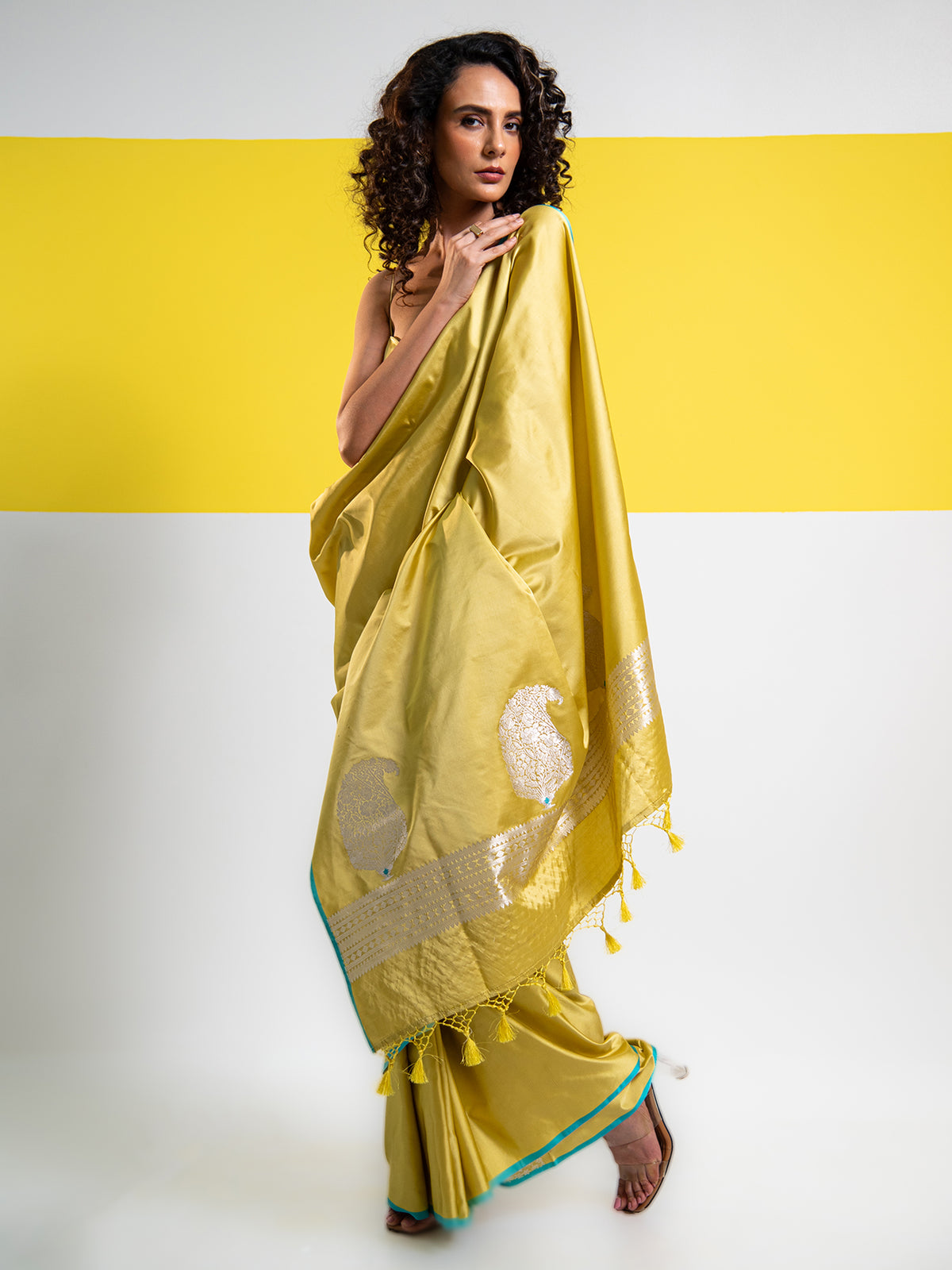 Lime Yellow Plain Satin Silk Handloom Banarasi Saree - Sacred Weaves