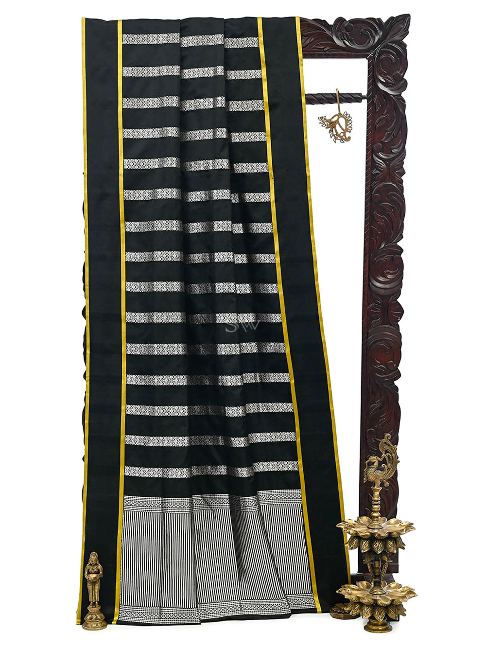 Black Stripe Satin Silk Handloom Banarasi Saree - Sacred Weaves