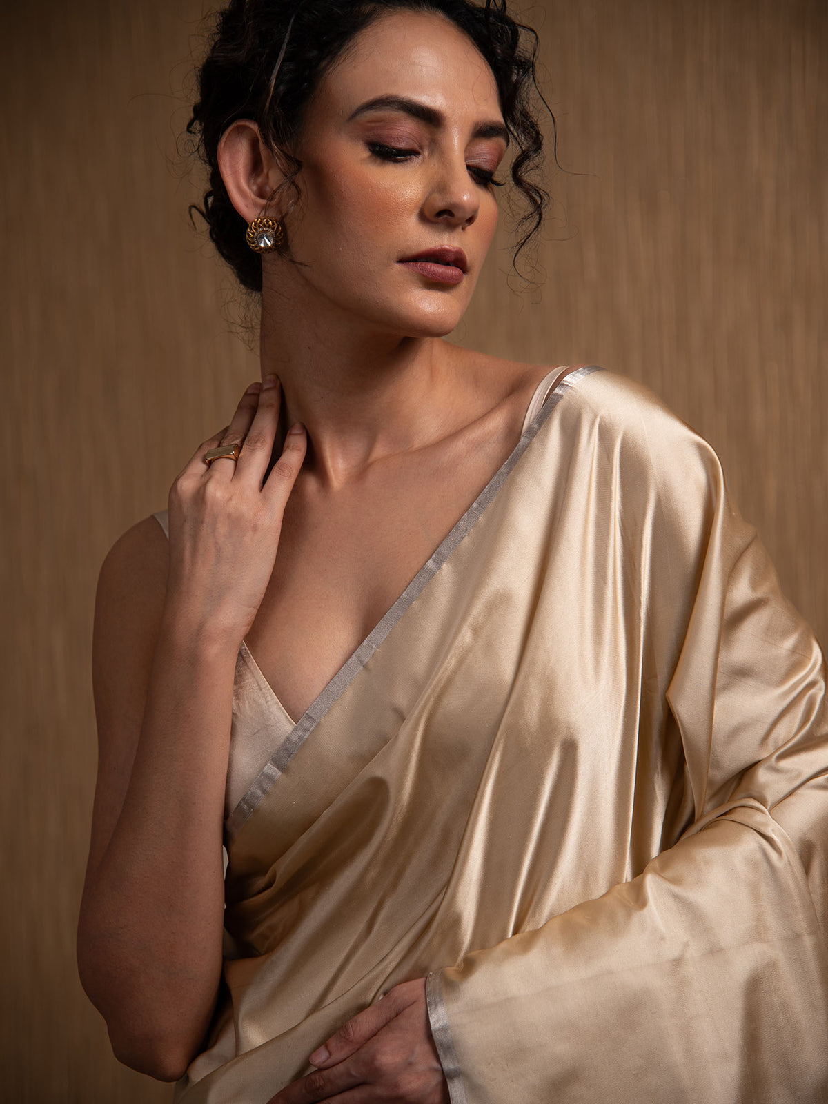Dark Beige Plain Satin Silk Handloom Banarasi Saree - Sacred Weaves