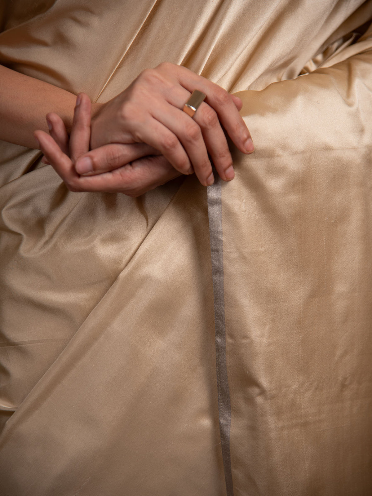 Dark Beige Plain Satin Silk Handloom Banarasi Saree - Sacred Weaves
