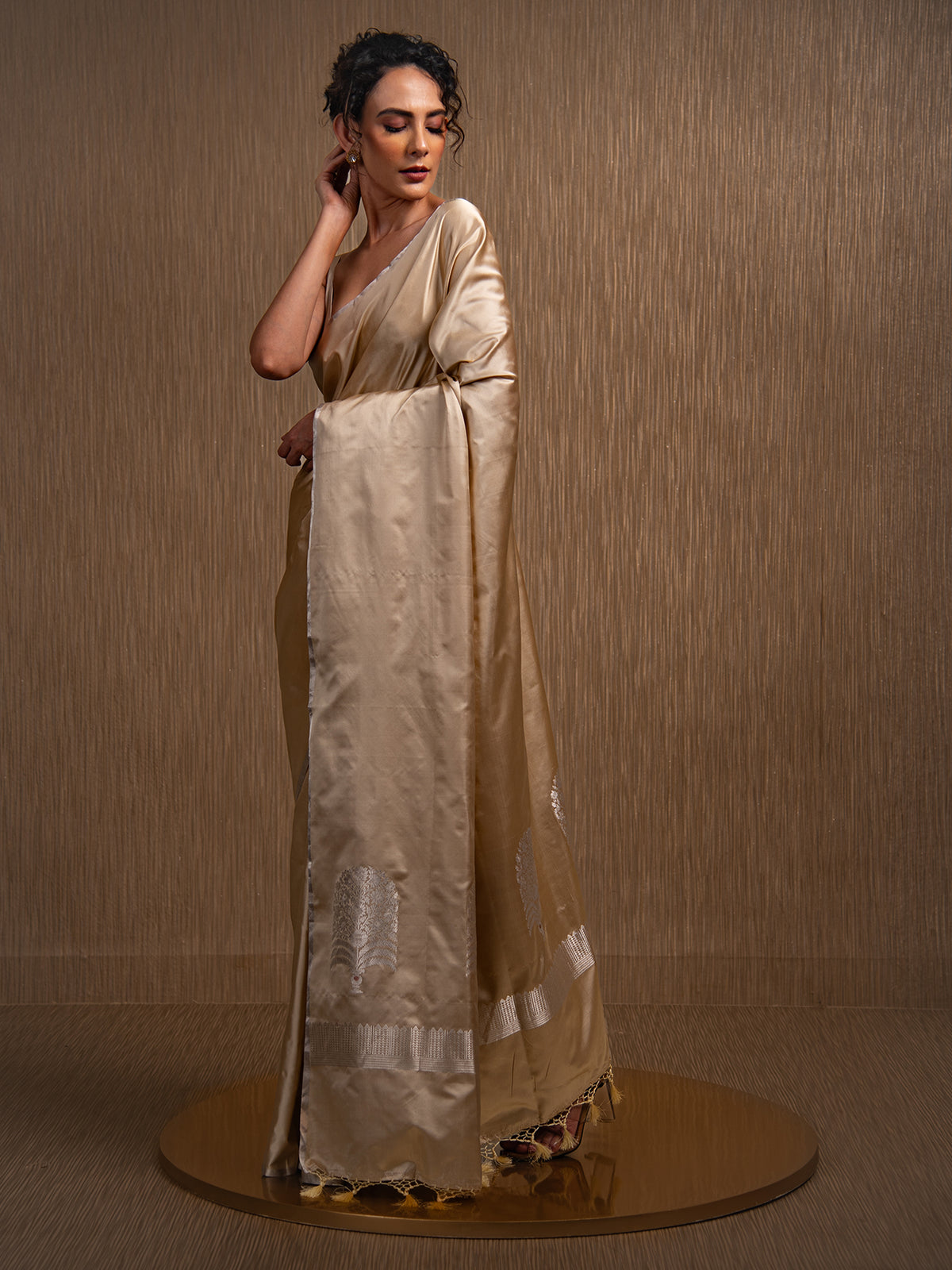 Dark Beige Plain Satin Silk Handloom Banarasi Saree - Sacred Weaves
