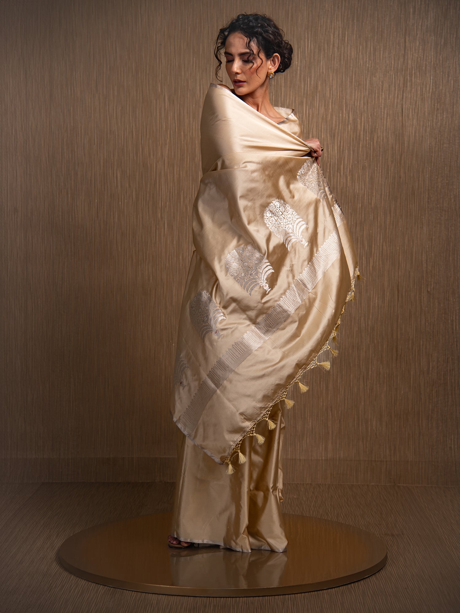 Dark Beige Plain Satin Silk Handloom Banarasi Saree - Sacred Weaves