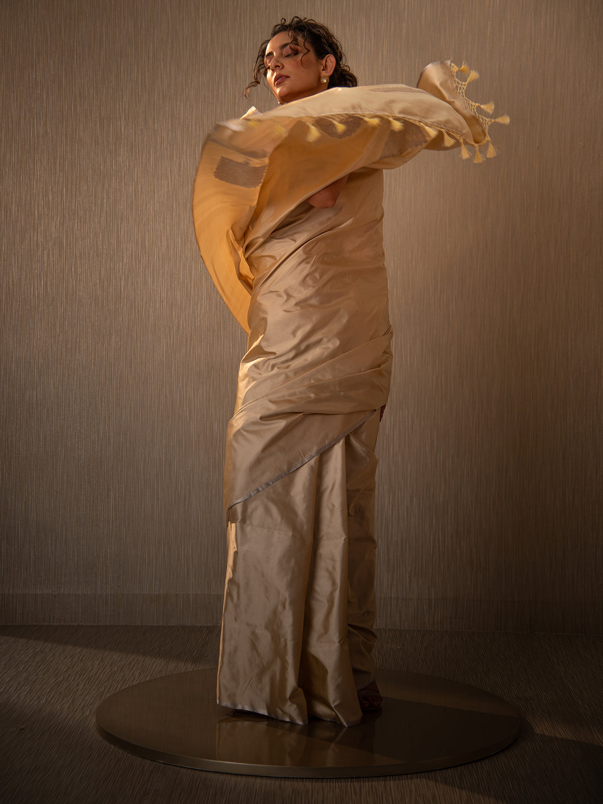 Dark Beige Plain Satin Silk Handloom Banarasi Saree - Sacred Weaves