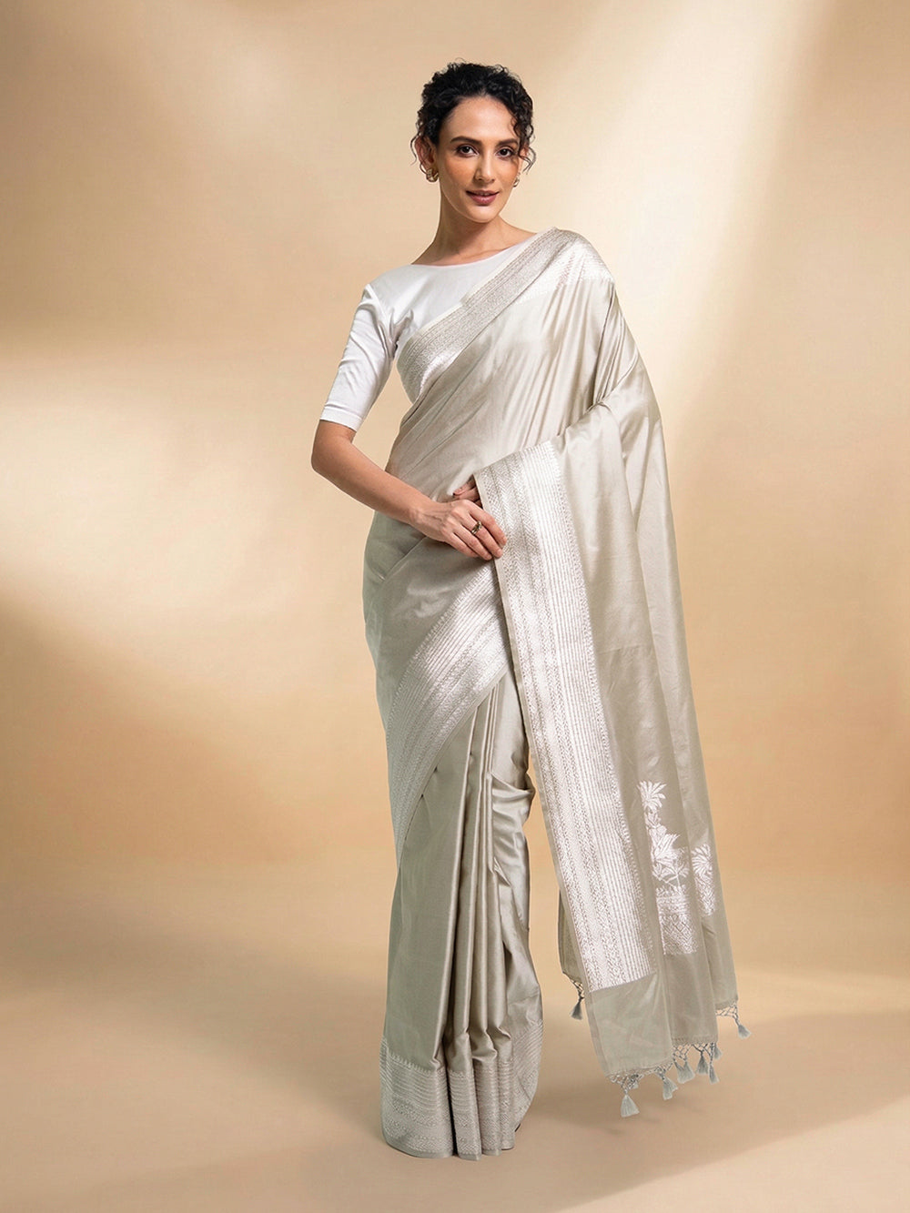 Light Grey Plain Satin Silk Handloom Banarasi Saree - Sacred Weaves