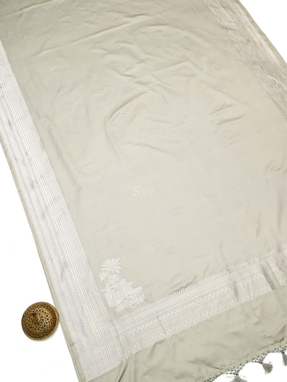 Light Grey Plain Satin Silk Handloom Banarasi Saree - Sacred Weaves