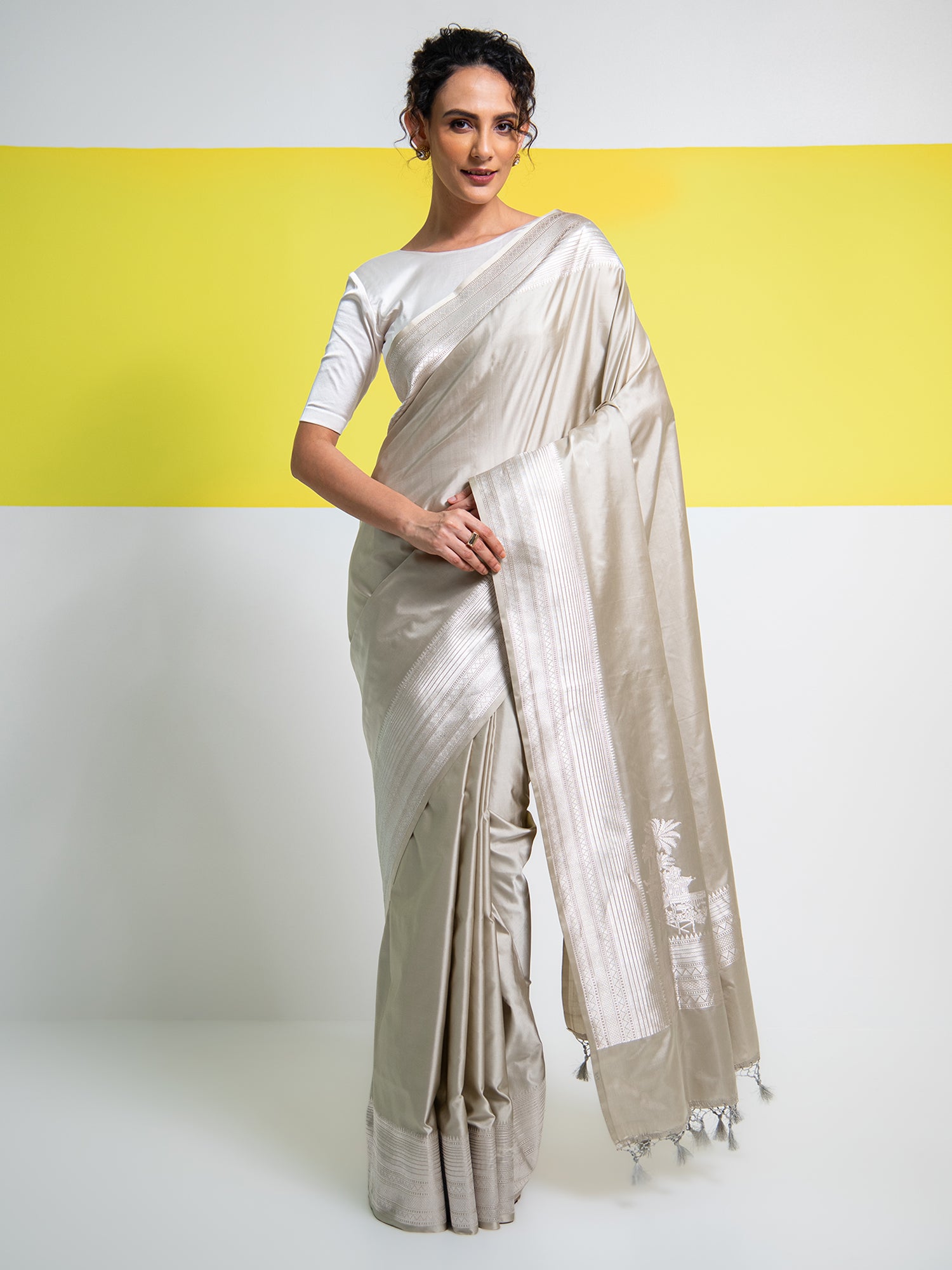 Light Grey Plain Satin Silk Handloom Banarasi Saree- Sacred Weaves