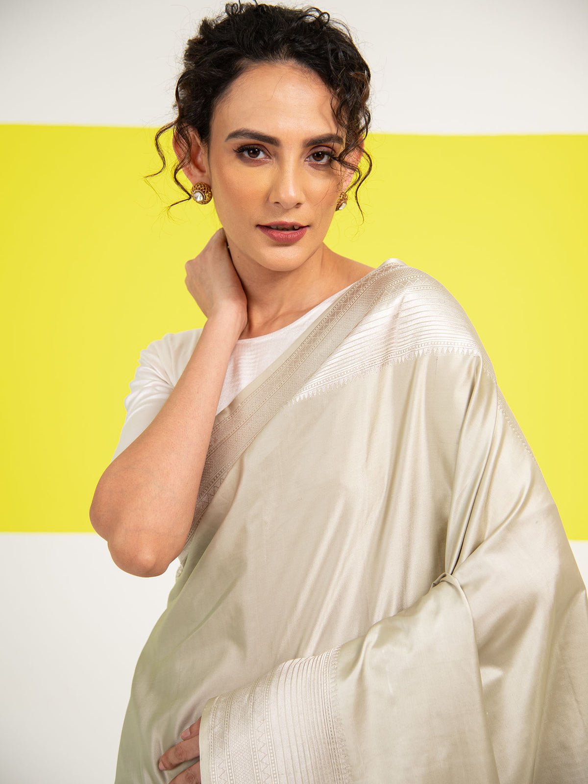 Off White Plain Satin Silk Handloom Banarasi Saree - Sacred Weaves