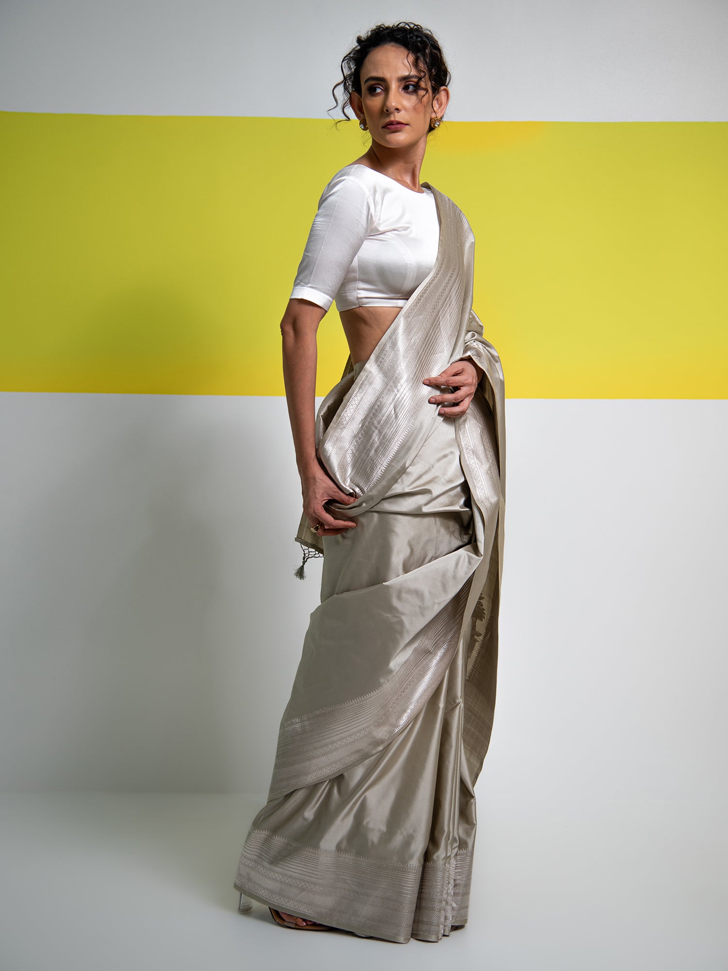 Light Grey Plain Satin Silk Handloom Banarasi Saree- Sacred Weaves