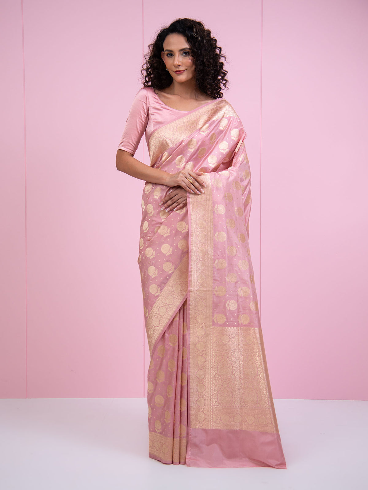 Pastel Pink Booti Katan Silk Uppada Handloom Banarasi Saree - Sacred Weaves