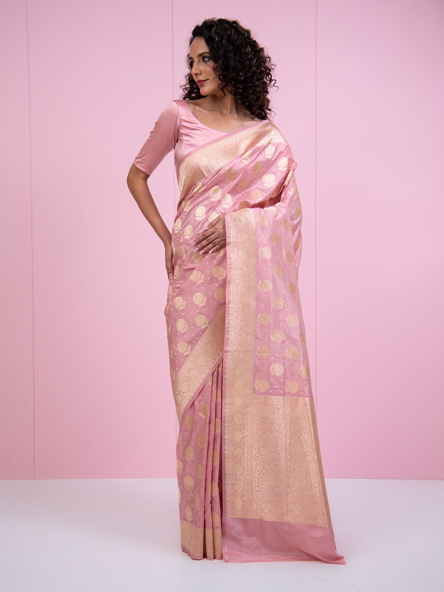 Pastel Pink Booti Katan Silk Uppada Handloom Banarasi Saree - Sacred Weaves