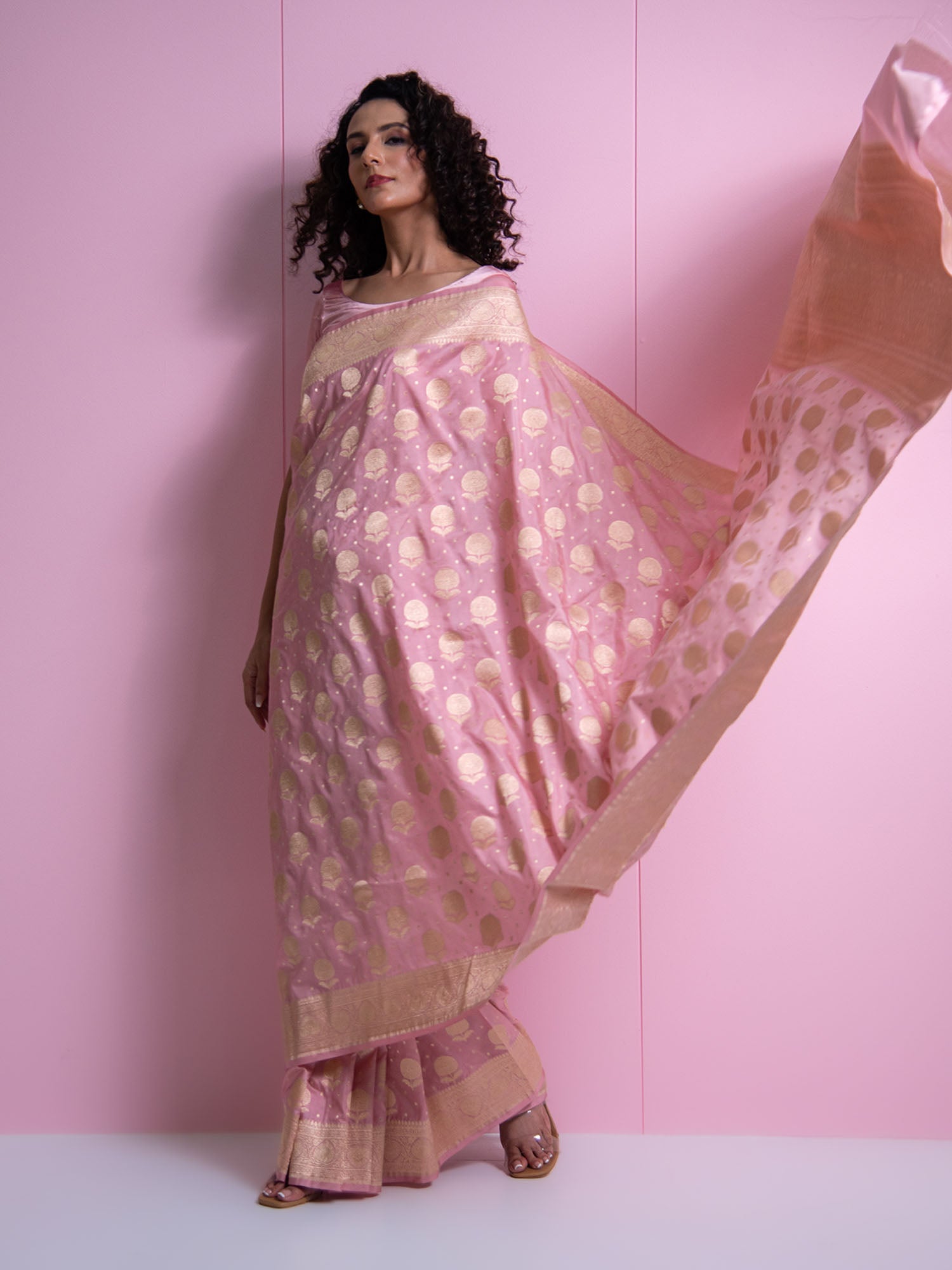 Pastel Pink Booti Katan Silk Uppada Handloom Banarasi Saree - Sacred Weaves