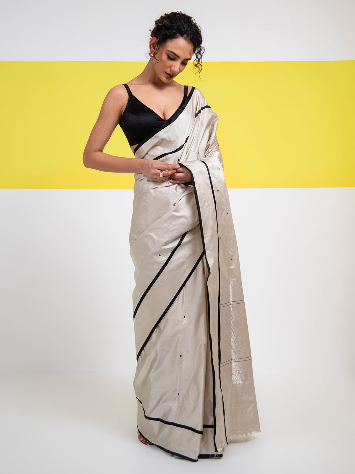 Off White Booti Satin Silk Handloom Banarasi Saree - Sacred Weaves