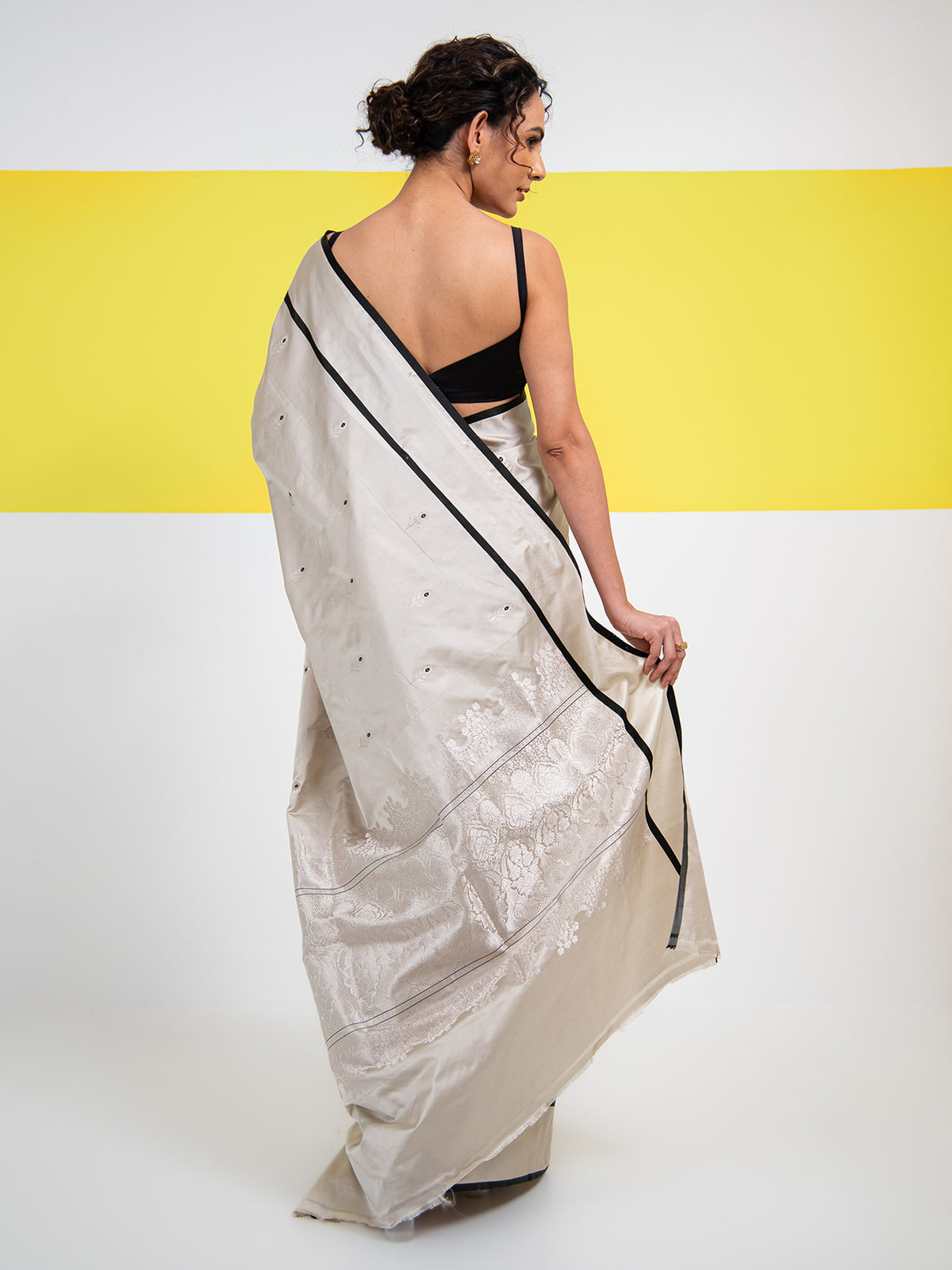 Off White Booti Satin Silk Handloom Banarasi Saree - Sacred Weaves