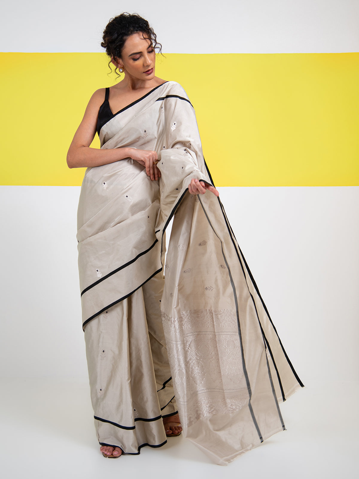 Off White Booti Satin Silk Handloom Banarasi Saree - Sacred Weaves
