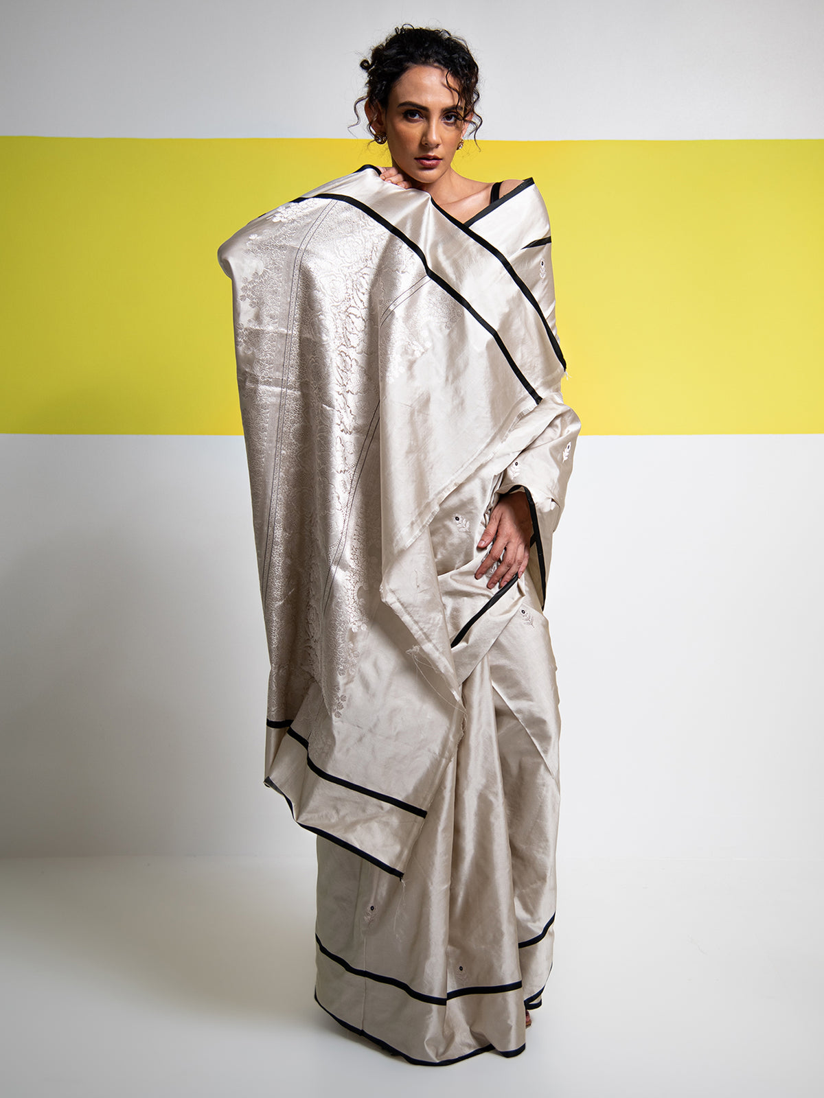 Off White Booti Satin Silk Handloom Banarasi Saree - Sacred Weaves
